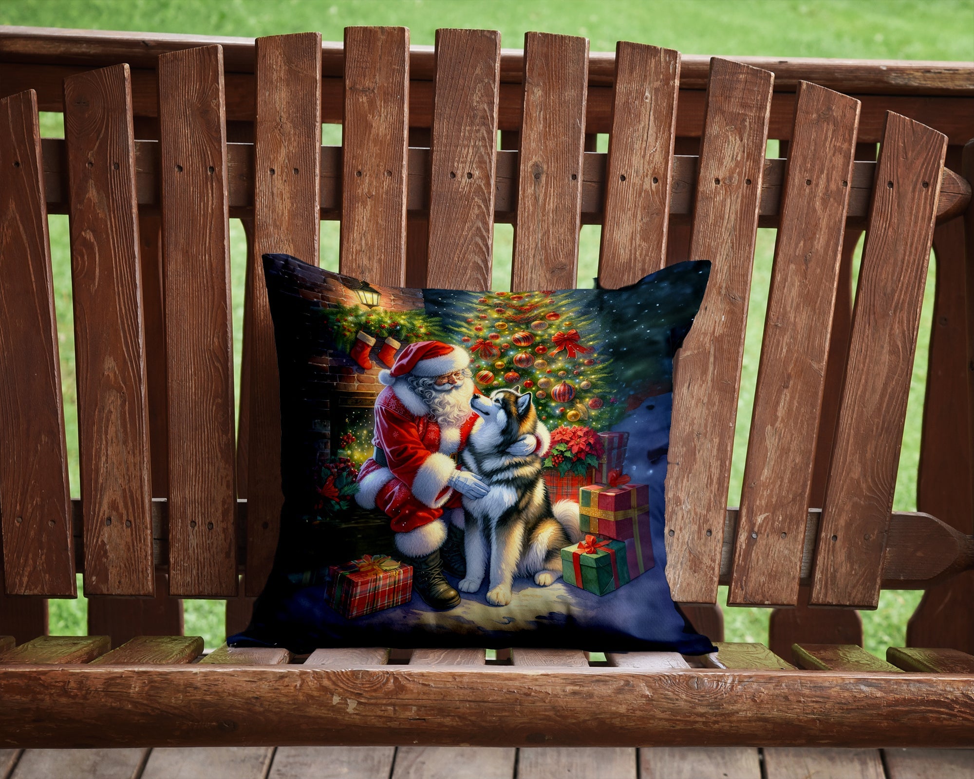 Alaskan Malamute and Santa Claus Decorative Throw Pillow 14x14 Indoor Outdoor Accent Cushion, Fabric Cover with Insert for Sofa, Bed, Porch & Living Room