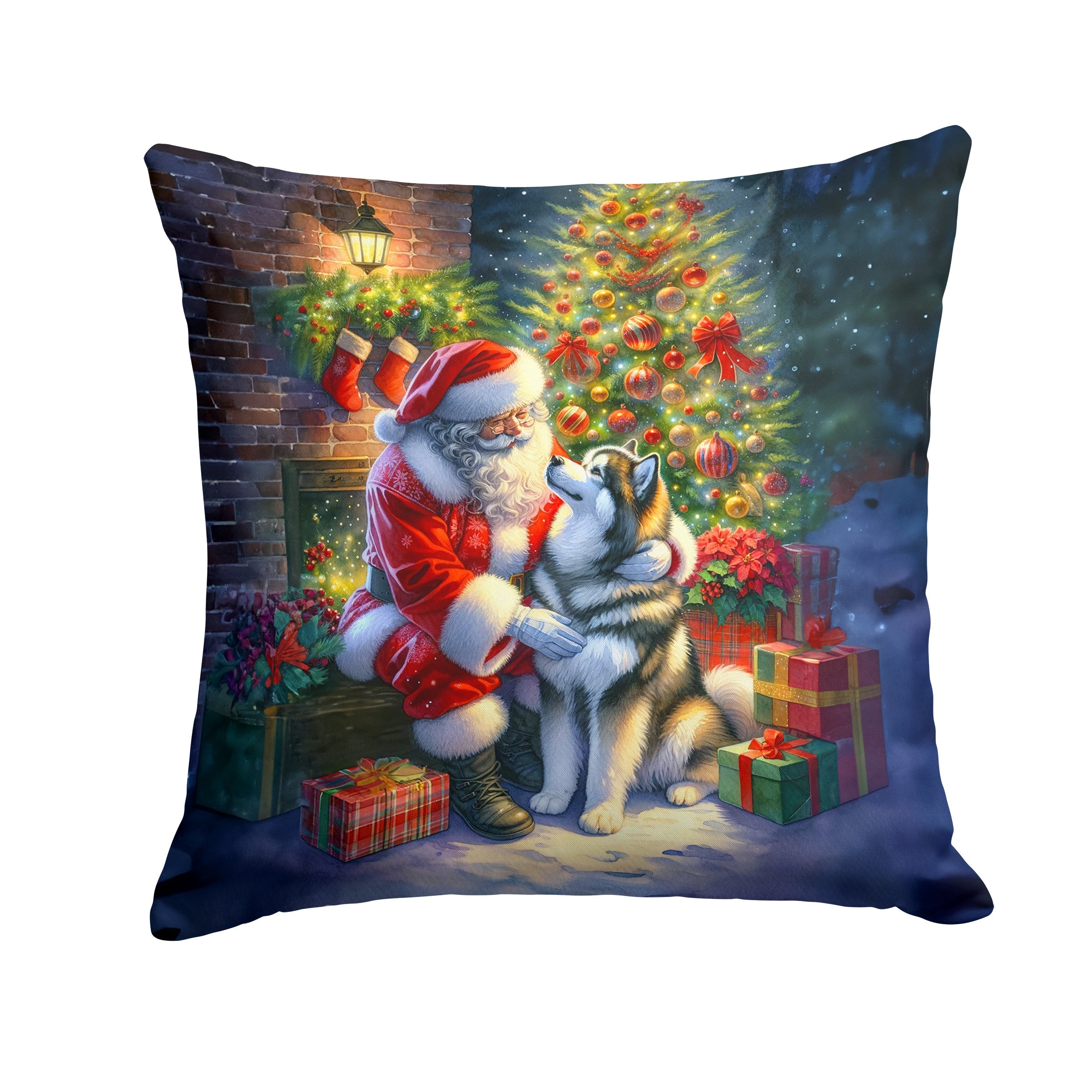 Alaskan Malamute and Santa Claus Decorative Throw Pillow 18x18 Indoor Outdoor Accent Cushion, Fabric Cover with Insert for Sofa, Bed, Porch & Living Room