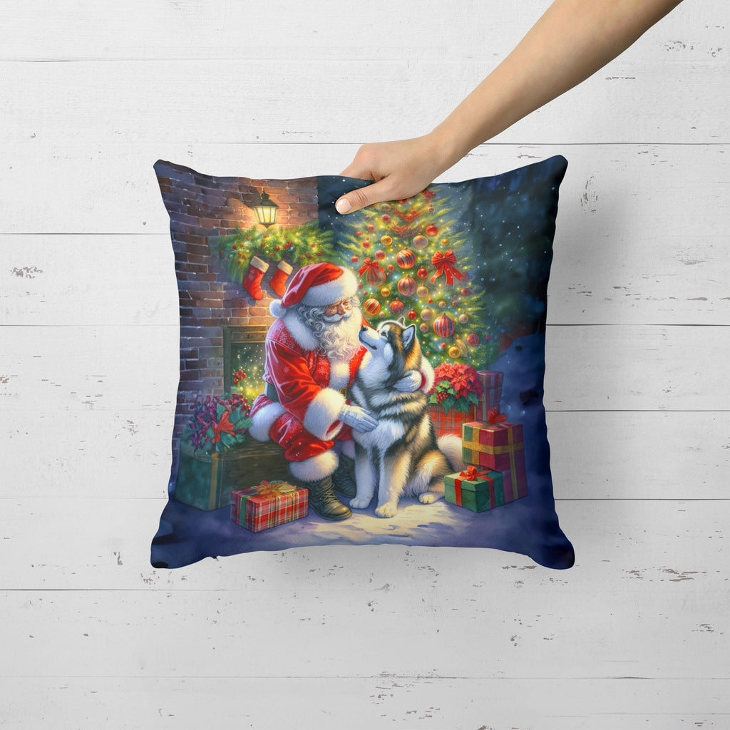 Alaskan Malamute and Santa Claus Decorative Throw Pillow 18x18 Indoor Outdoor Accent Cushion, Fabric Cover with Insert for Sofa, Bed, Porch & Living Room