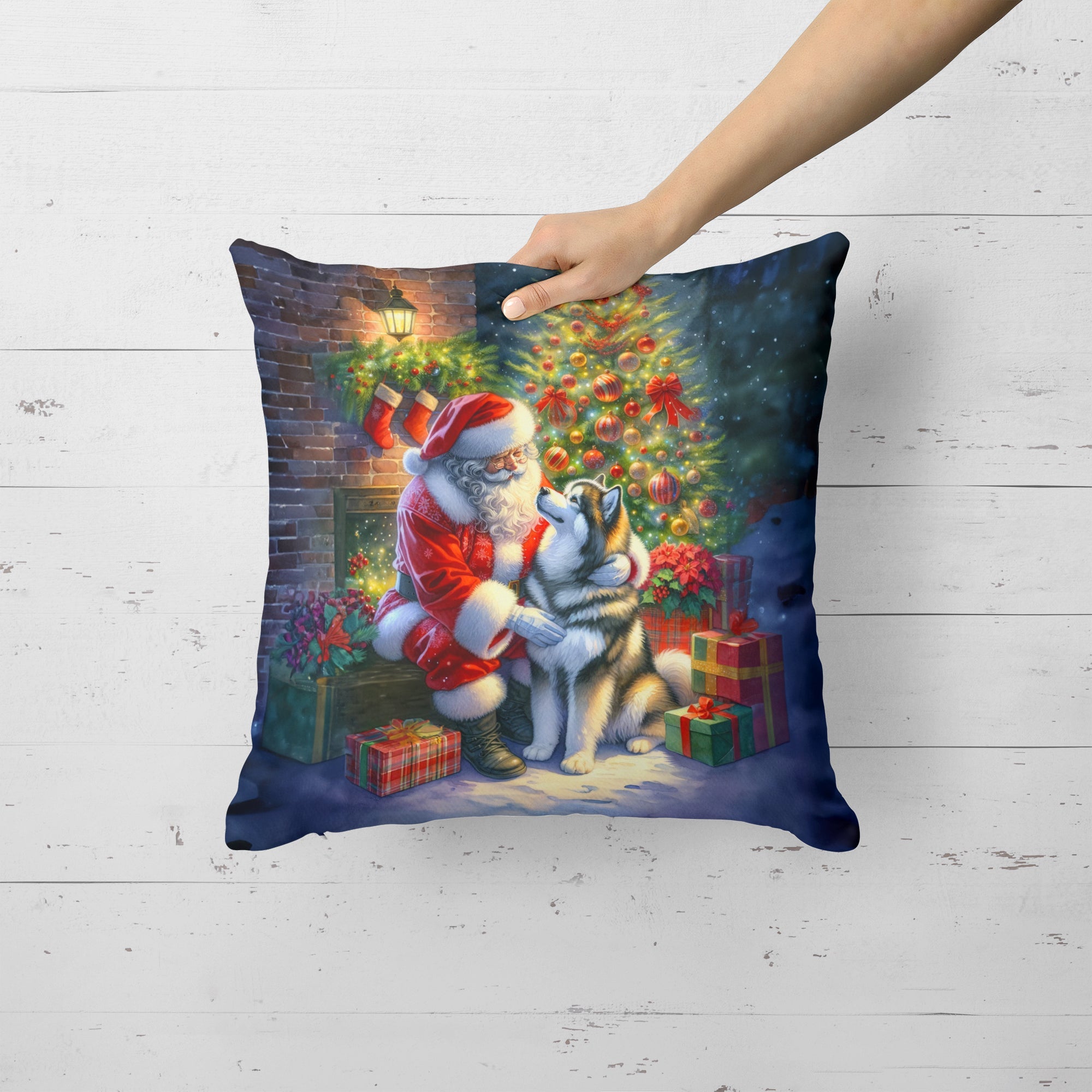 Alaskan Malamute and Santa Claus Decorative Throw Pillow 18x18 Indoor Outdoor Accent Cushion, Fabric Cover with Insert for Sofa, Bed, Porch & Living Room