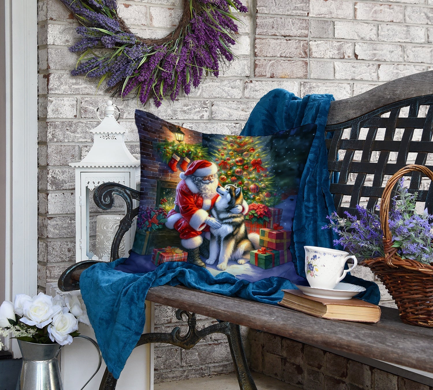 Alaskan Malamute and Santa Claus Decorative Throw Pillow 18x18 Indoor Outdoor Accent Cushion, Fabric Cover with Insert for Sofa, Bed, Porch & Living Room
