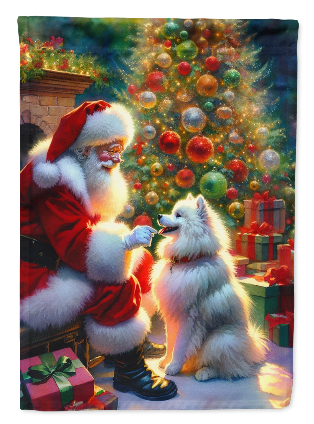 American Eskimo and Santa Claus House Flag 28x40 Porch Sleeve Pole Decorative Outside Yard Banner Artwork Wall Hanging, Polyester