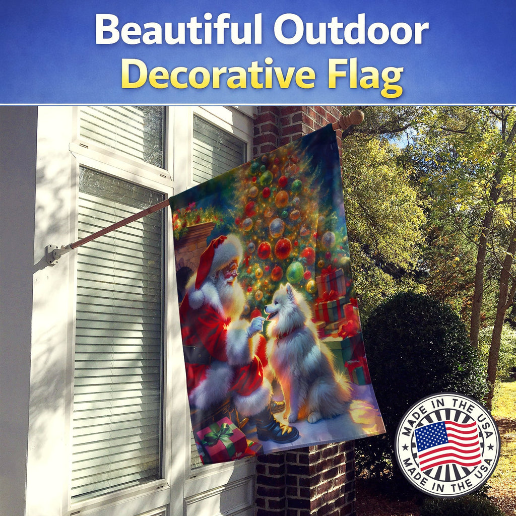 American Eskimo and Santa Claus House Flag 28x40 Porch Sleeve Pole Decorative Outside Yard Banner Artwork Wall Hanging, Polyester