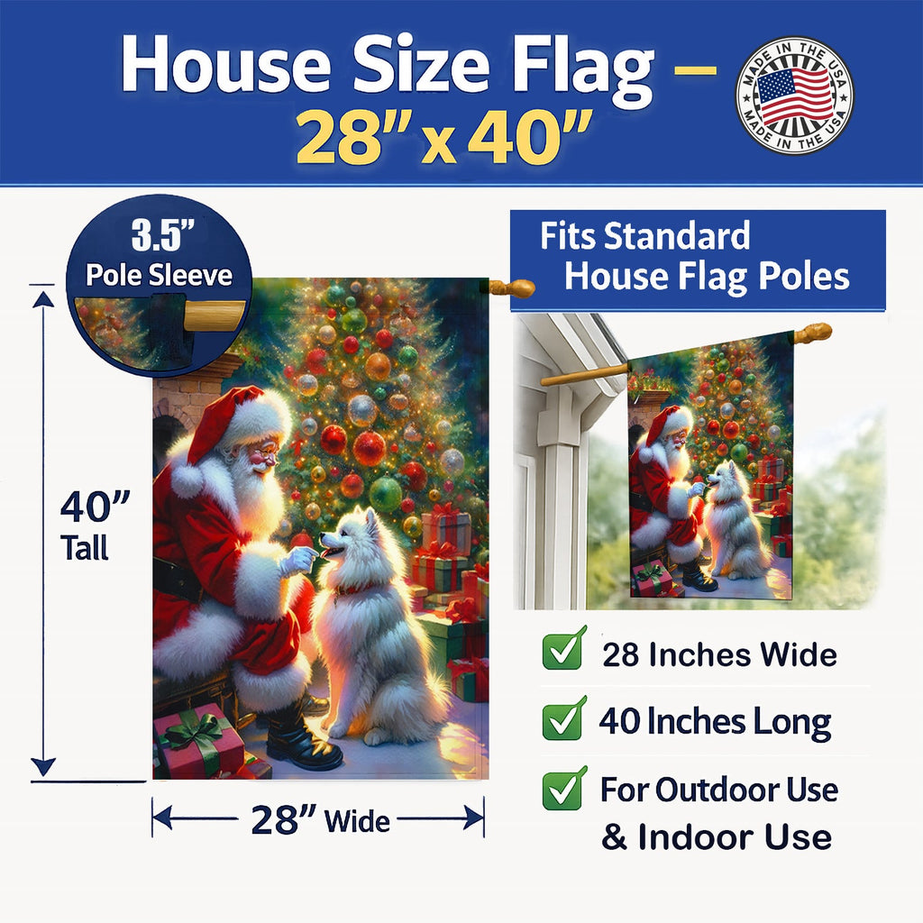 American Eskimo and Santa Claus House Flag 28x40 Porch Sleeve Pole Decorative Outside Yard Banner Artwork Wall Hanging, Polyester