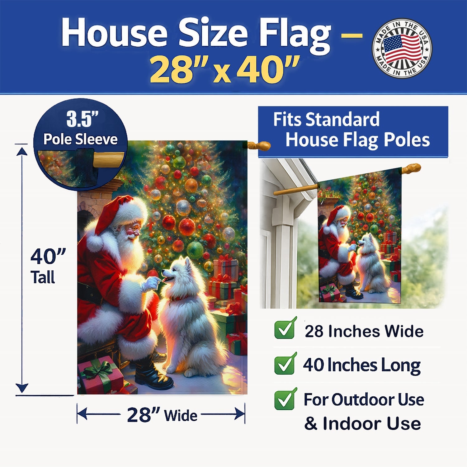 American Eskimo and Santa Claus House Flag 28x40 Porch Sleeve Pole Decorative Outside Yard Banner Artwork Wall Hanging, Polyester