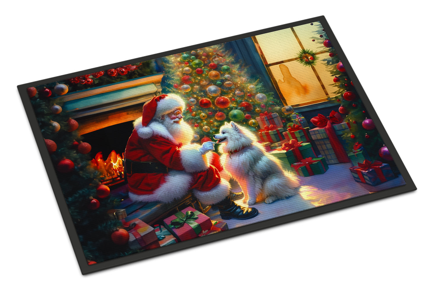 American Eskimo and Santa Claus Doormat Indoor Outdoor 24H X 36W Front Door Mat Rugs for Entryway, Non Slip Washable Low Pile,