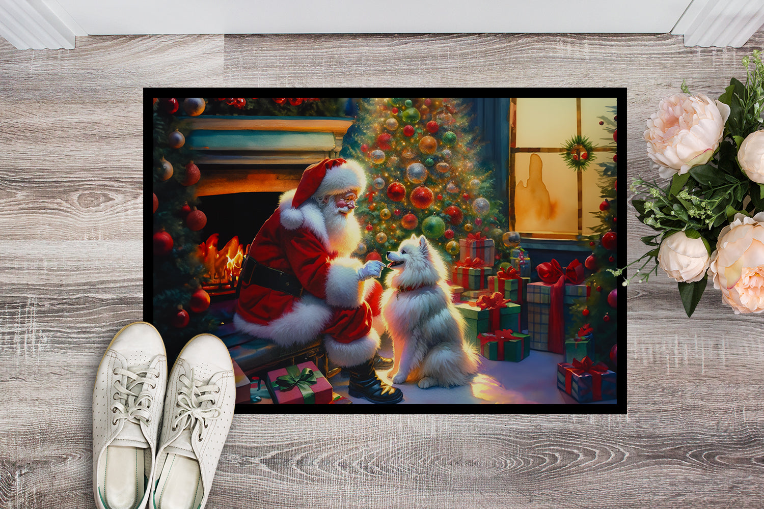 American Eskimo and Santa Claus Doormat Indoor Outdoor 24H X 36W Front Door Mat Rugs for Entryway, Non Slip Washable Low Pile,