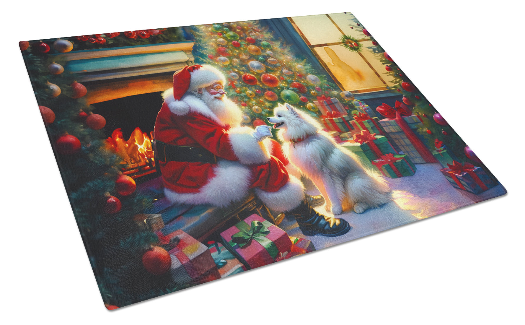American Eskimo and Santa Claus Cutting Board Tempered Glass Kitchen Cutting Surface, Heat Resistant Chopping, Non-Slip Feet, Food Prep & Serving