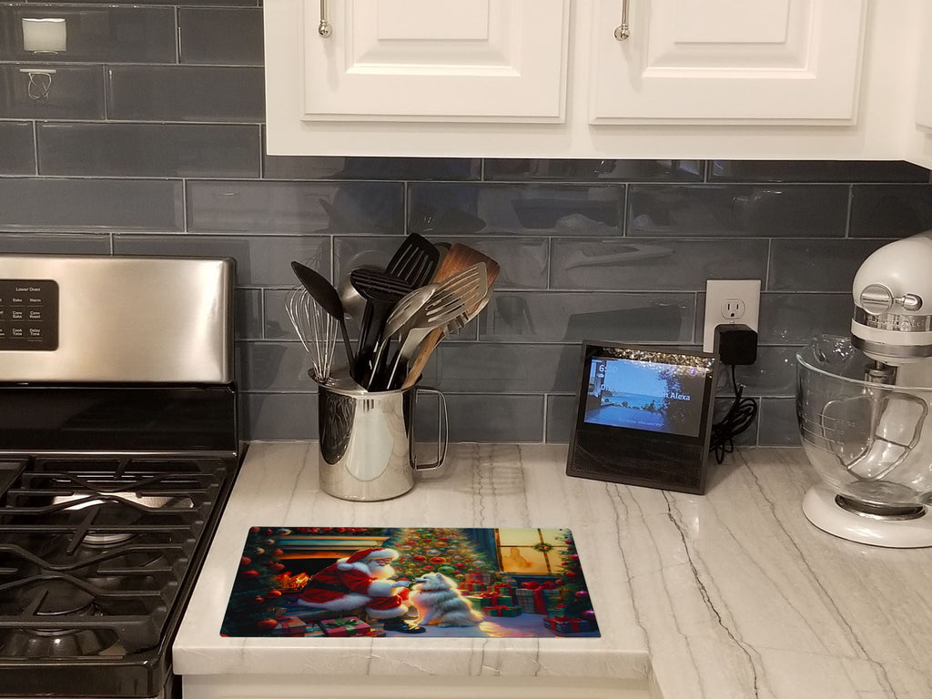 American Eskimo and Santa Claus Cutting Board Tempered Glass Kitchen Cutting Surface, Heat Resistant Chopping, Non-Slip Feet, Food Prep & Serving