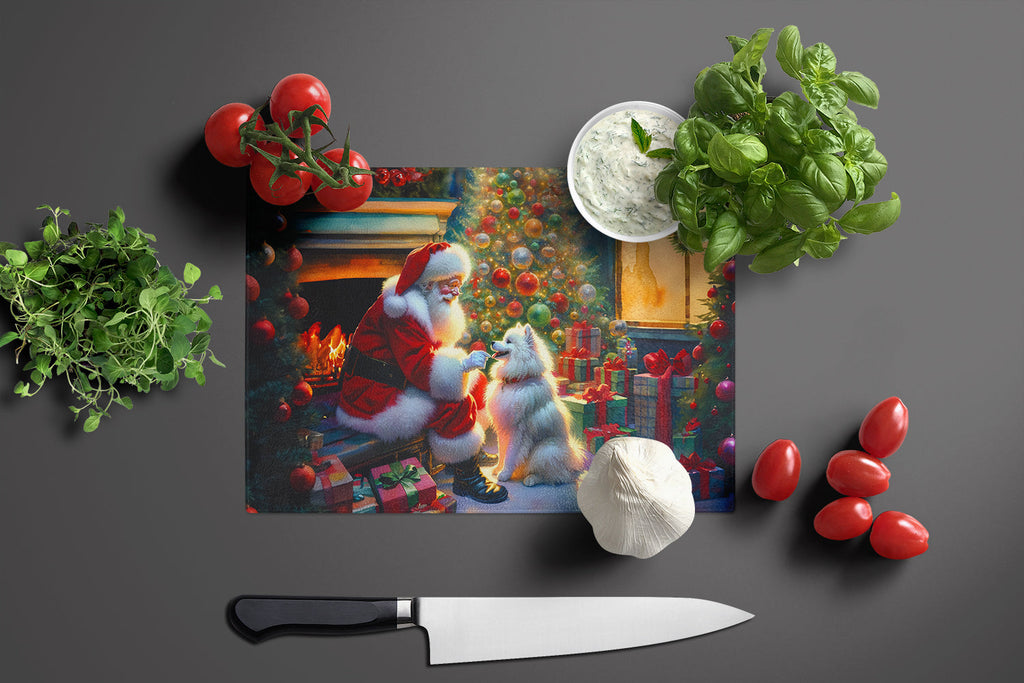 American Eskimo and Santa Claus Cutting Board Tempered Glass Kitchen Cutting Surface, Heat Resistant Chopping, Non-Slip Feet, Food Prep & Serving