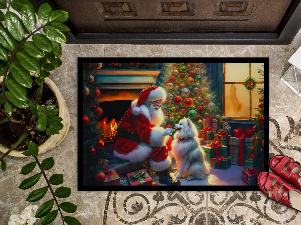 American Eskimo and Santa Claus Doormat Indoor Outdoor 18H X 27W Front Door Mat Rugs for Entryway, Non Slip Washable