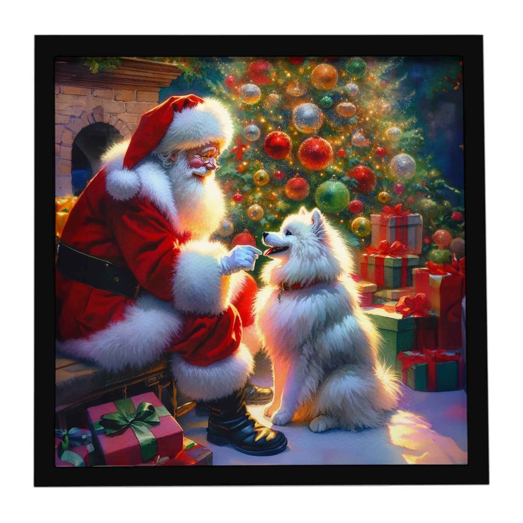 American Eskimo and Santa Claus Framed Metal Print Bathroom, Kitchen, Office, Home Decor Wall Art Ready to Hang, Square, 8X8