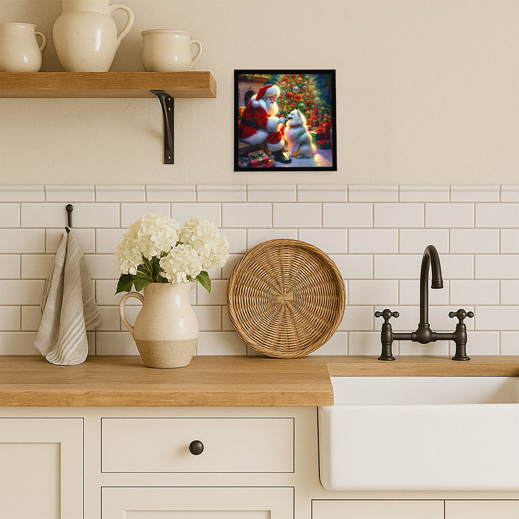 American Eskimo and Santa Claus Framed Metal Print Bathroom, Kitchen, Office, Home Decor Wall Art Ready to Hang, Square, 8X8