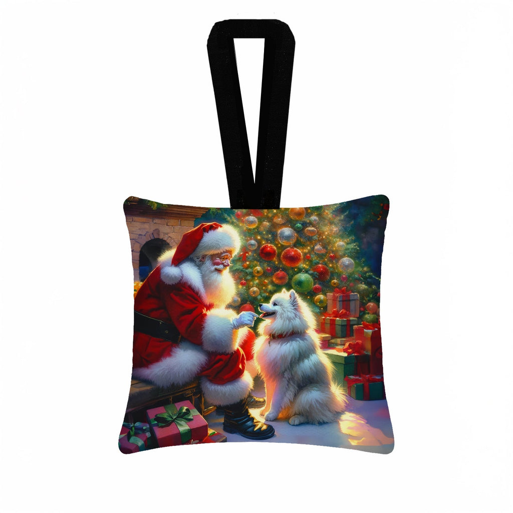 American Eskimo and Santa Claus Hanging Square Fabric Ornament 3.5 × 3.5 Decorative Door-Knob & Tree Hanger, Soft Fabric