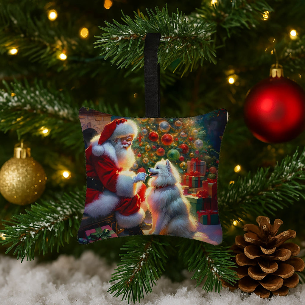 American Eskimo and Santa Claus Hanging Square Fabric Ornament 3.5 × 3.5 Decorative Door-Knob & Tree Hanger, Soft Fabric