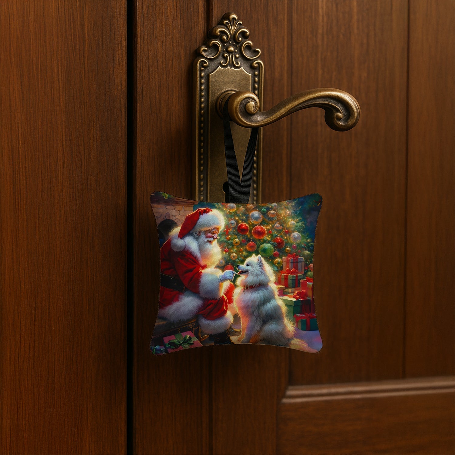American Eskimo and Santa Claus Hanging Square Fabric Ornament 3.5 × 3.5 Decorative Door-Knob & Tree Hanger, Soft Fabric