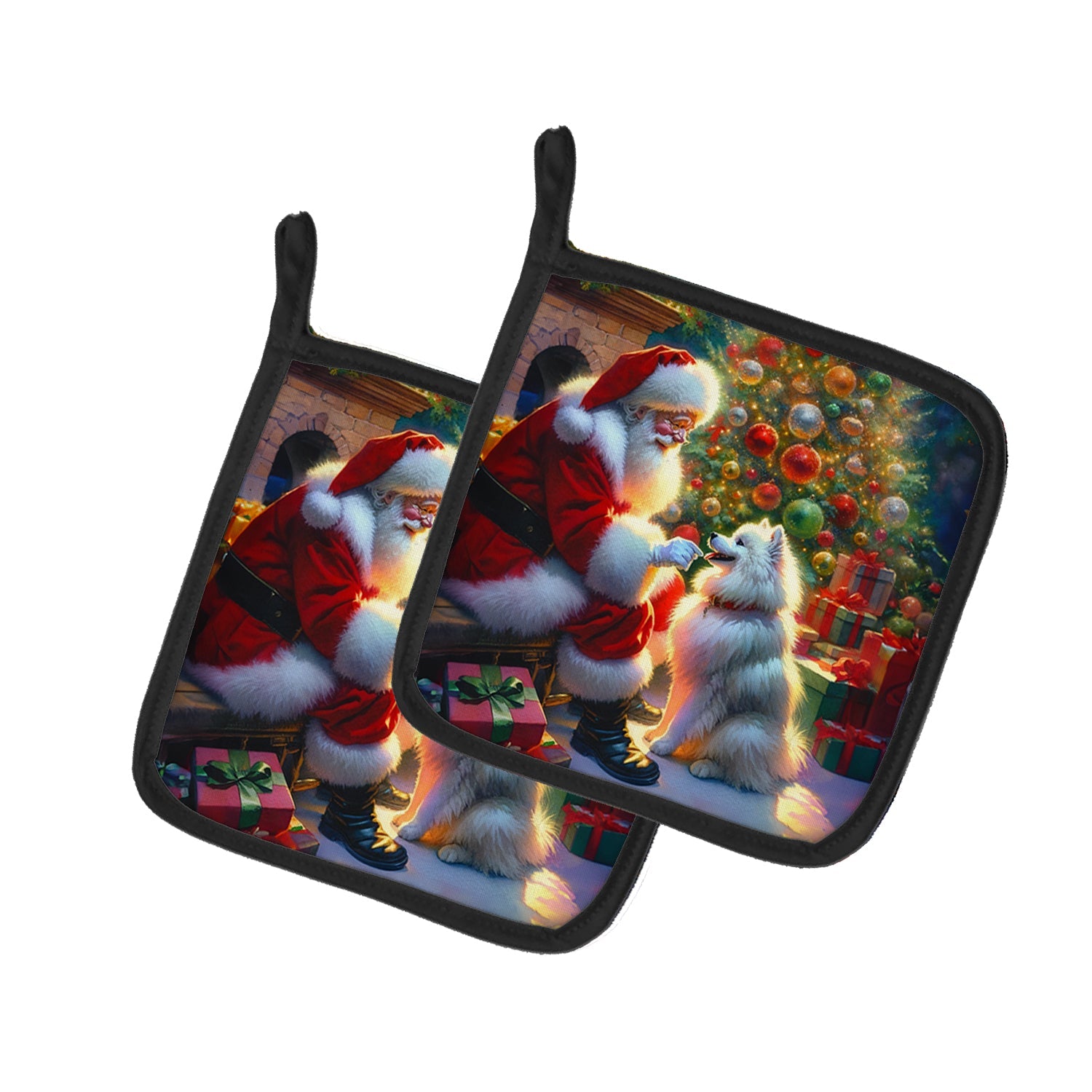 American Eskimo and Santa Claus Pot Holder Set of 2 Heat Resistant Quilted Hot Pads 7.5 x 7.5 Inch, Insulated Kitchen Trivets for Cooking & Baking