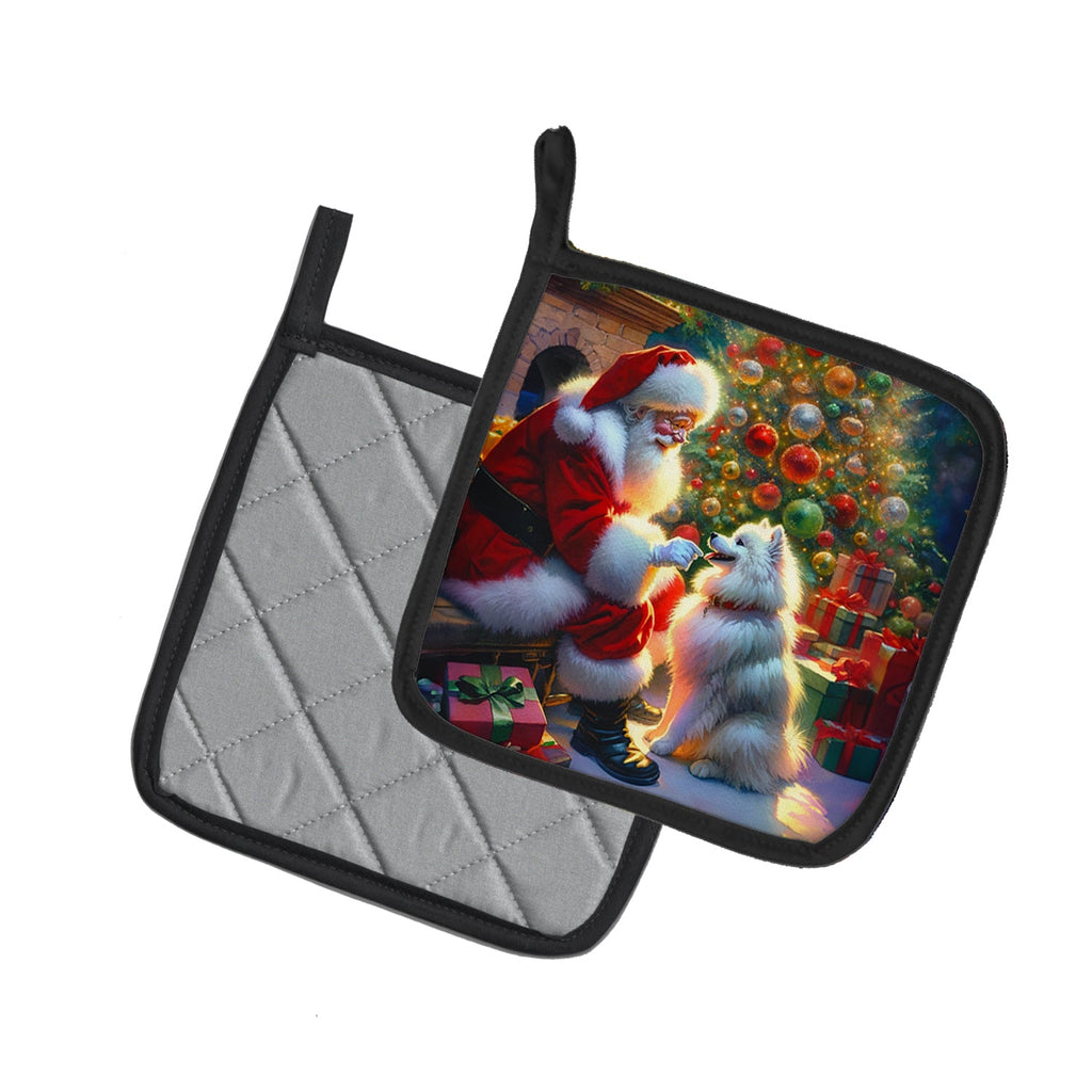 American Eskimo and Santa Claus Pot Holder Set of 2 Heat Resistant Quilted Hot Pads 7.5 x 7.5 Inch, Insulated Kitchen Trivets for Cooking & Baking