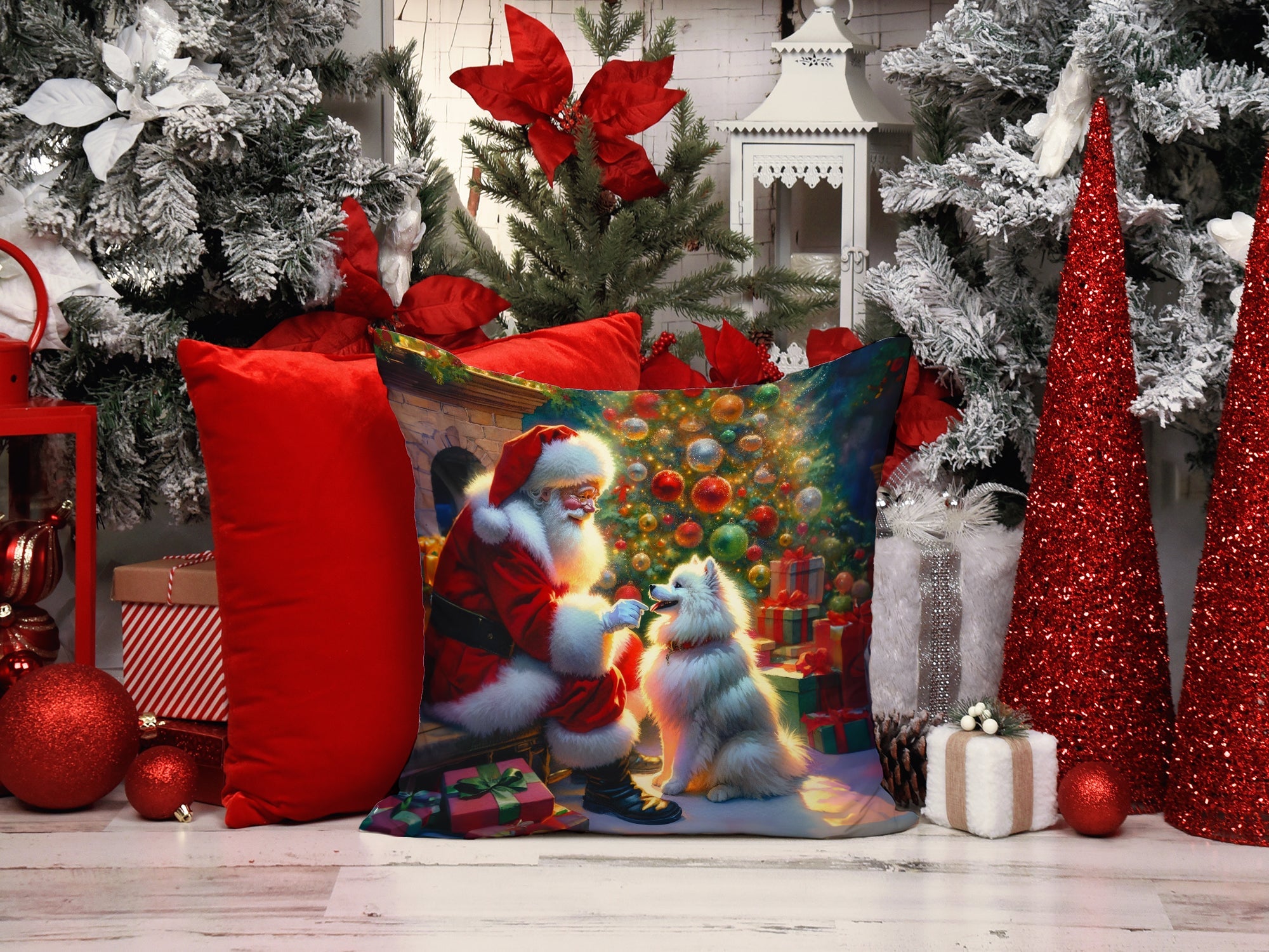 American Eskimo and Santa Claus Decorative Throw Pillow 14x14 Indoor Outdoor Accent Cushion, Fabric Cover with Insert for Sofa, Bed, Porch & Living Room