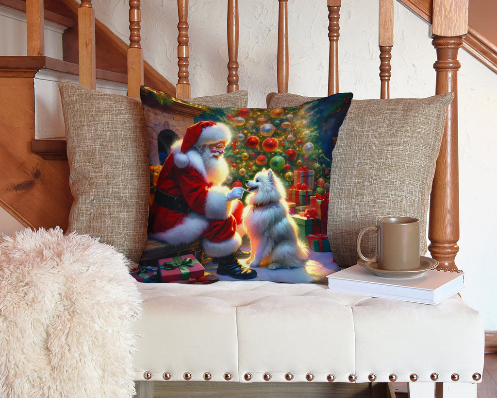 American Eskimo and Santa Claus Decorative Throw Pillow 14x14 Indoor Outdoor Accent Cushion, Fabric Cover with Insert for Sofa, Bed, Porch & Living Room
