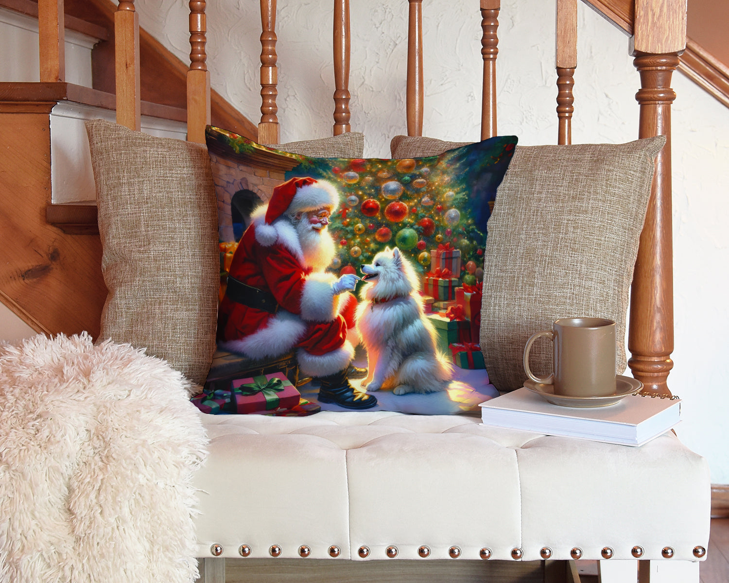 American Eskimo and Santa Claus Decorative Throw Pillow 14x14 Indoor Outdoor Accent Cushion, Fabric Cover with Insert for Sofa, Bed, Porch & Living Room