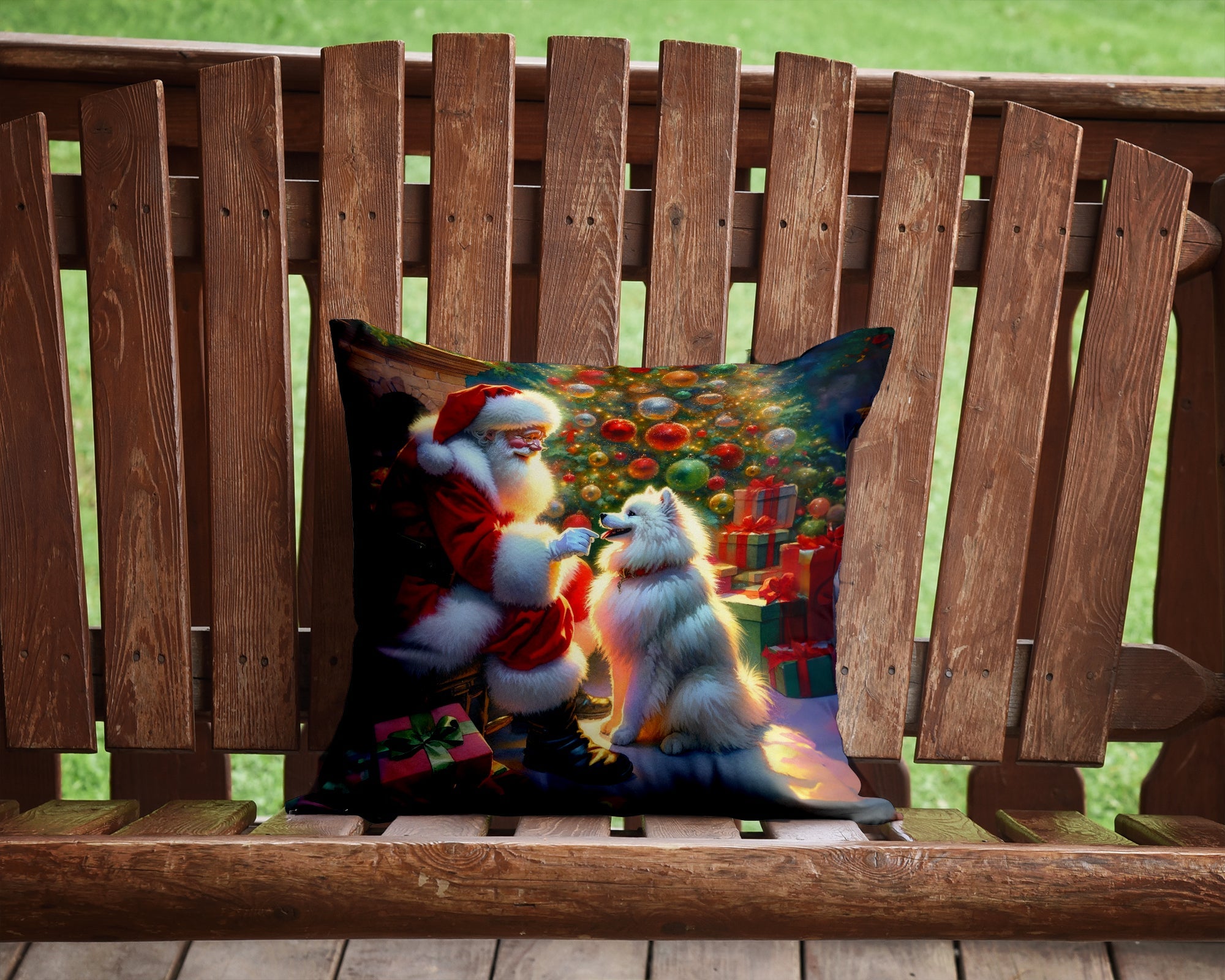 American Eskimo and Santa Claus Decorative Throw Pillow 14x14 Indoor Outdoor Accent Cushion, Fabric Cover with Insert for Sofa, Bed, Porch & Living Room