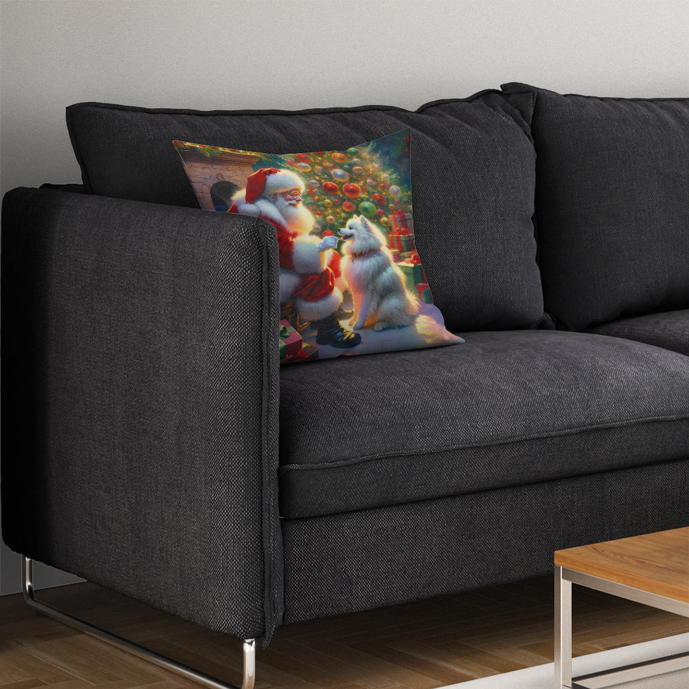 American Eskimo and Santa Claus Decorative Throw Pillow 14x14 Indoor Outdoor Accent Cushion, Fabric Cover with Insert for Sofa, Bed, Porch & Living Room