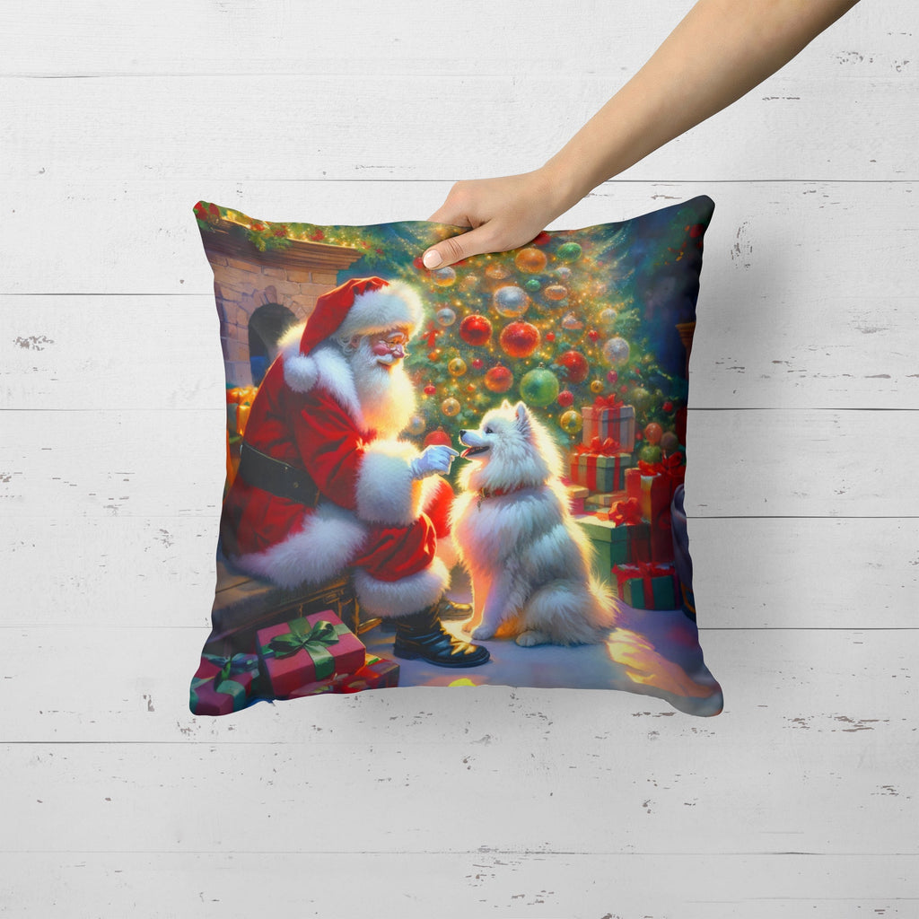 American Eskimo and Santa Claus Decorative Throw Pillow 18x18 Indoor Outdoor Accent Cushion, Fabric Cover with Insert for Sofa, Bed, Porch & Living Room