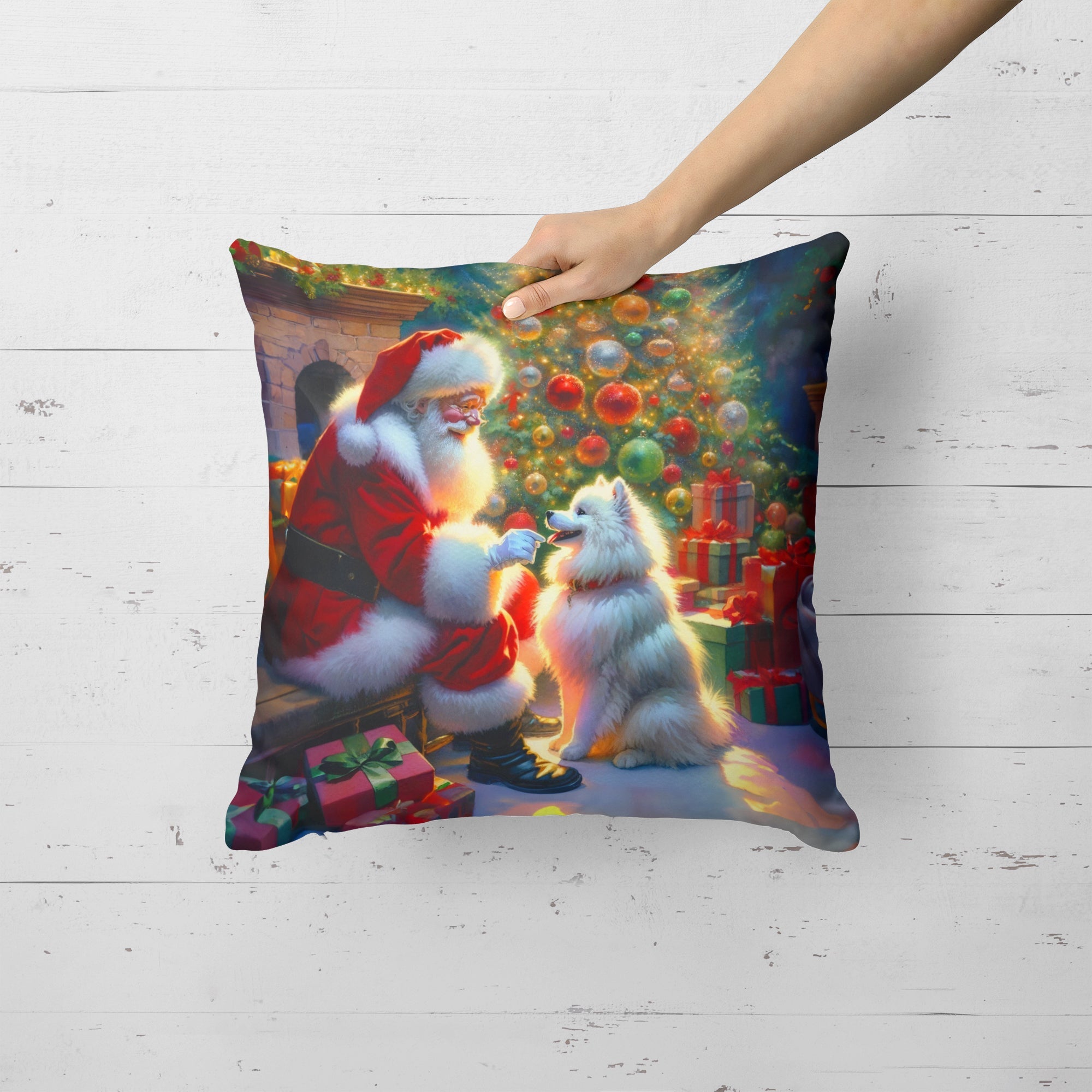 American Eskimo and Santa Claus Decorative Throw Pillow 18x18 Indoor Outdoor Accent Cushion, Fabric Cover with Insert for Sofa, Bed, Porch & Living Room