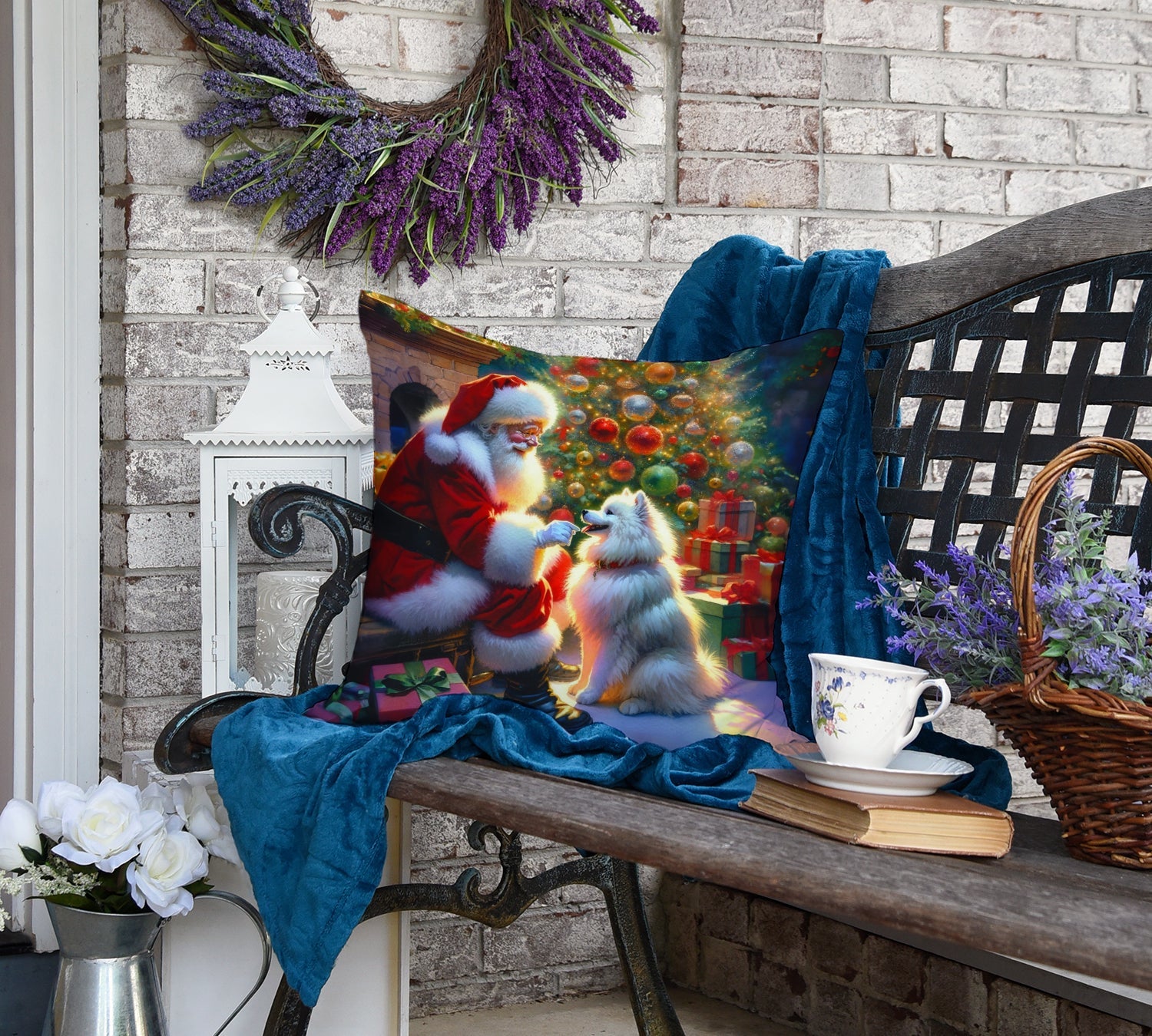 American Eskimo and Santa Claus Decorative Throw Pillow 18x18 Indoor Outdoor Accent Cushion, Fabric Cover with Insert for Sofa, Bed, Porch & Living Room