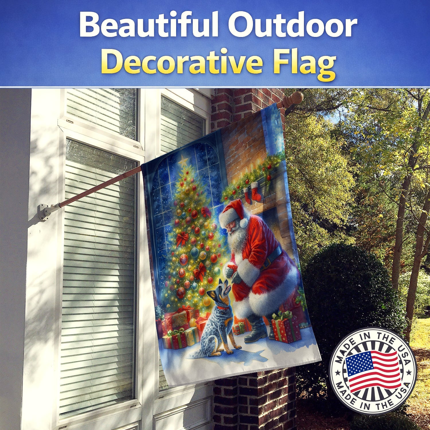 Australian Cattle Dog and Santa Claus House Flag 28x40 Porch Sleeve Pole Decorative Outside Yard Banner Artwork Wall Hanging, Polyester