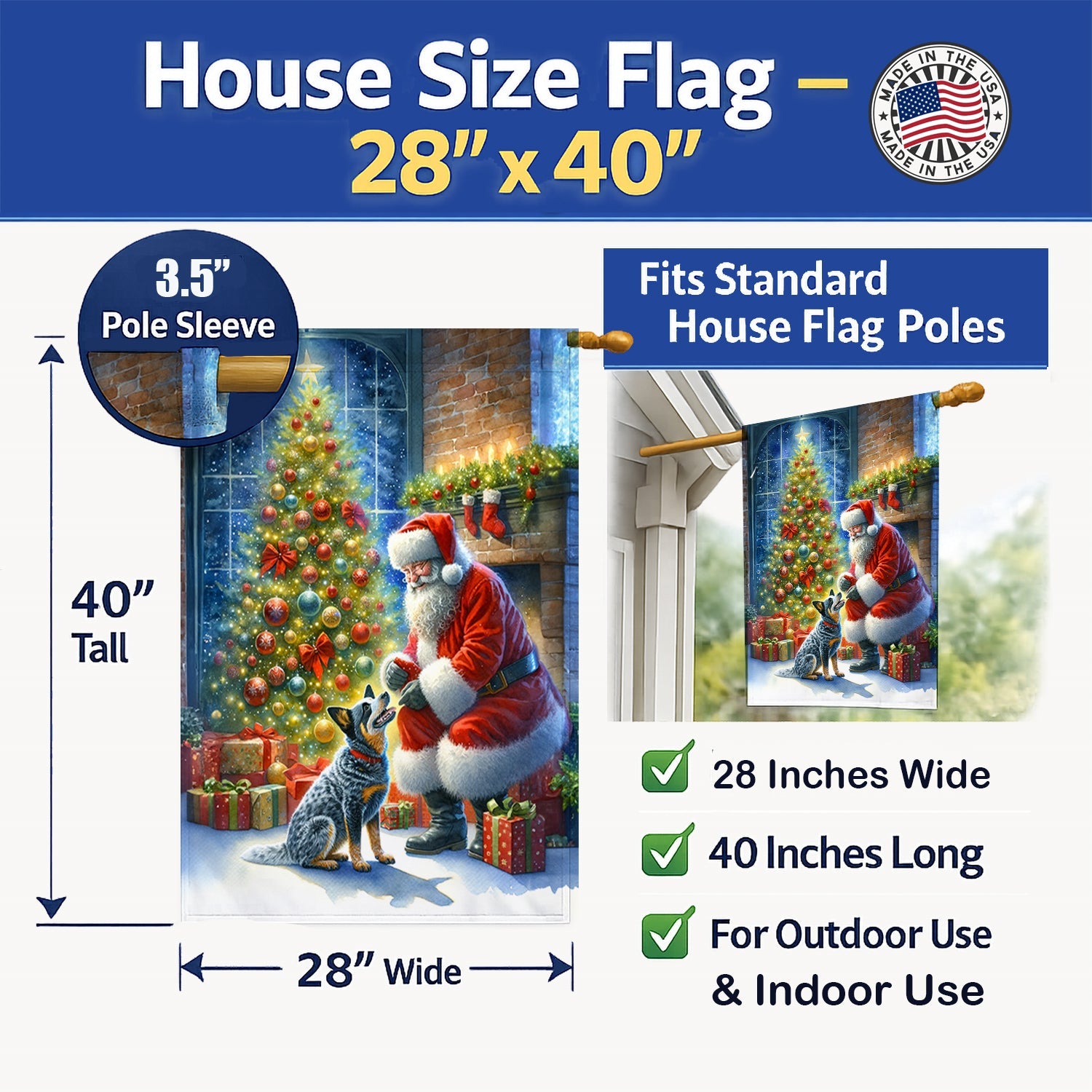Australian Cattle Dog and Santa Claus House Flag 28x40 Porch Sleeve Pole Decorative Outside Yard Banner Artwork Wall Hanging, Polyester