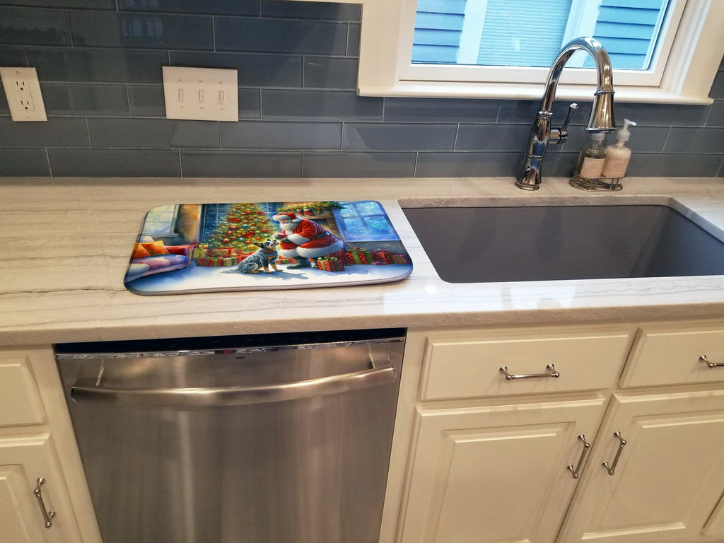 Australian Cattle Dog and Santa Claus Dish Drying Mat Absorbent Dish Drying Mat Pad for Kitchen Counter Dish Drainer Mat for Countertop, 14 x 21", Multicolor