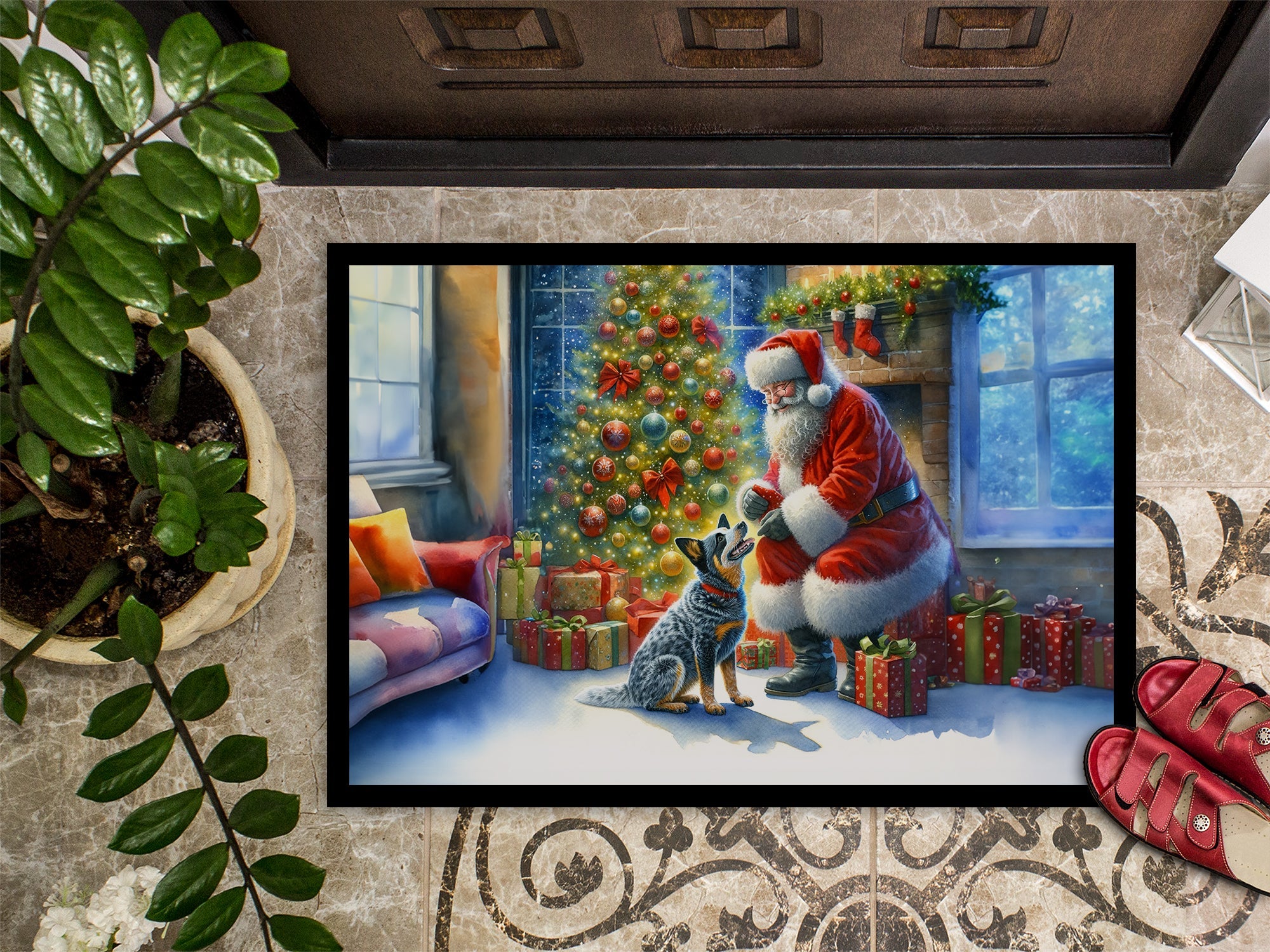 Australian Cattle Dog and Santa Claus Doormat Indoor Outdoor 24H X 36W Front Door Mat Rugs for Entryway, Non Slip Washable Low Pile,