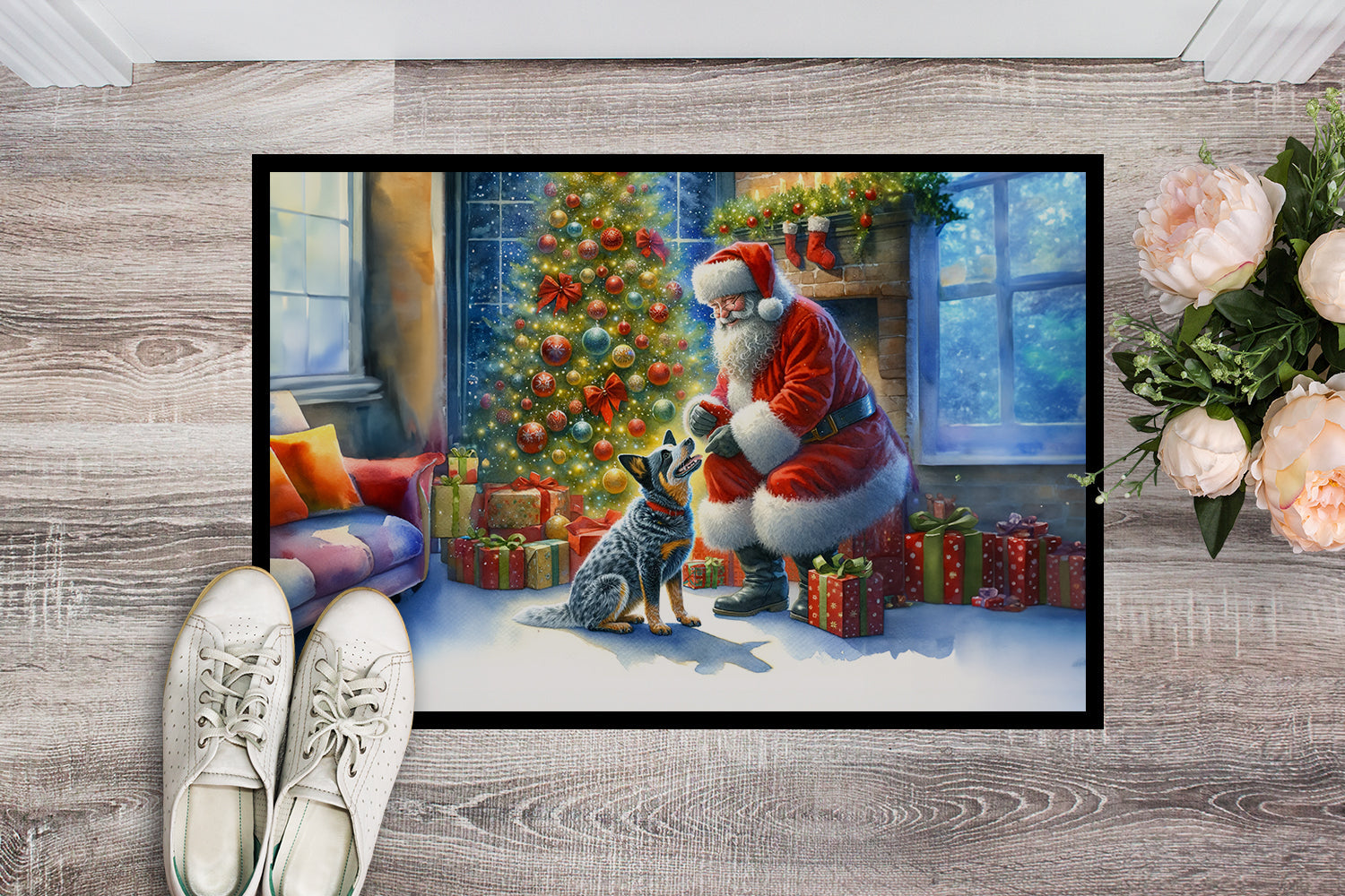 Australian Cattle Dog and Santa Claus Doormat Indoor Outdoor 18H X 27W Front Door Mat Rugs for Entryway, Non Slip Washable