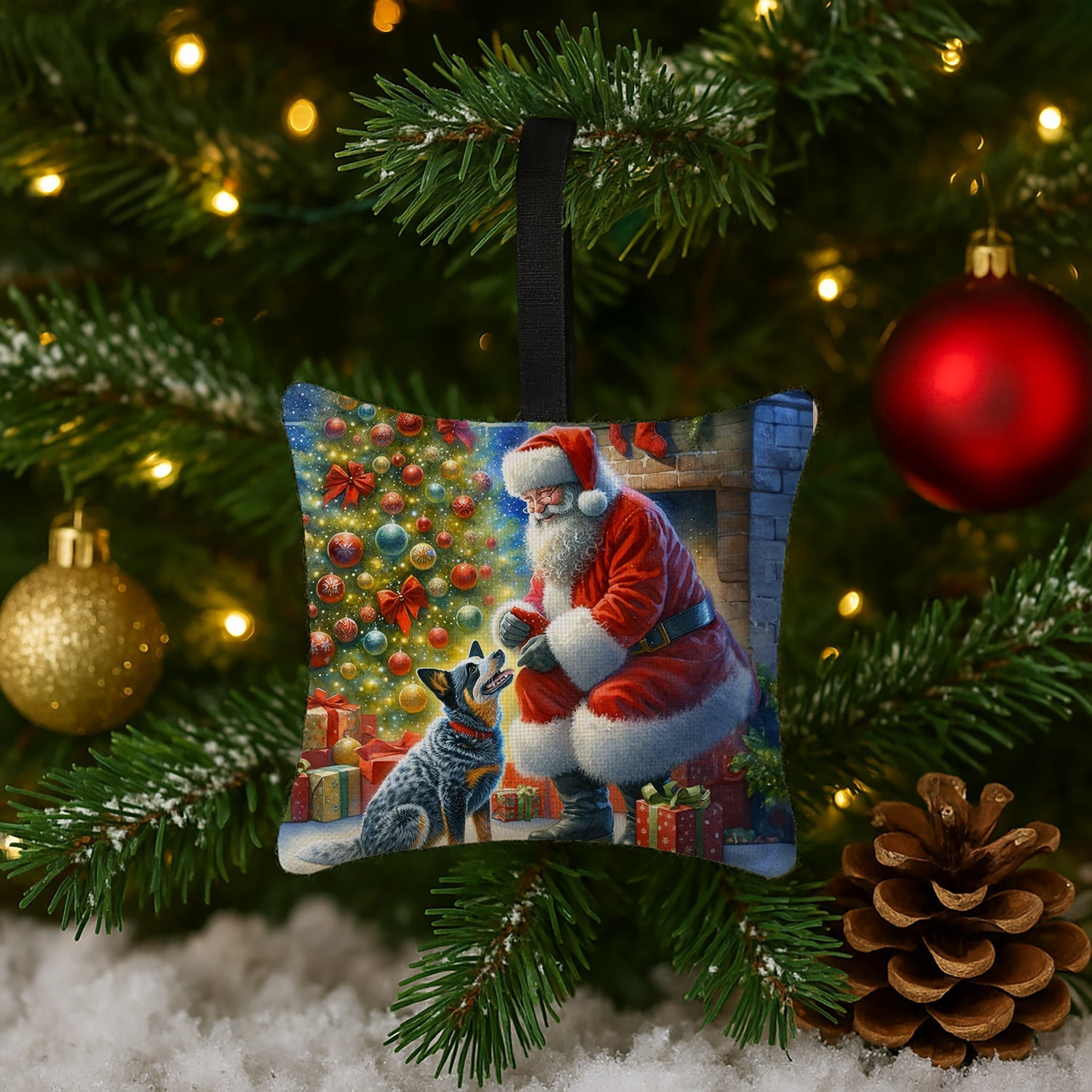 Australian Cattle Dog and Santa Claus Hanging Square Fabric Ornament 3.5 × 3.5 Decorative Door-Knob & Tree Hanger, Soft Fabric