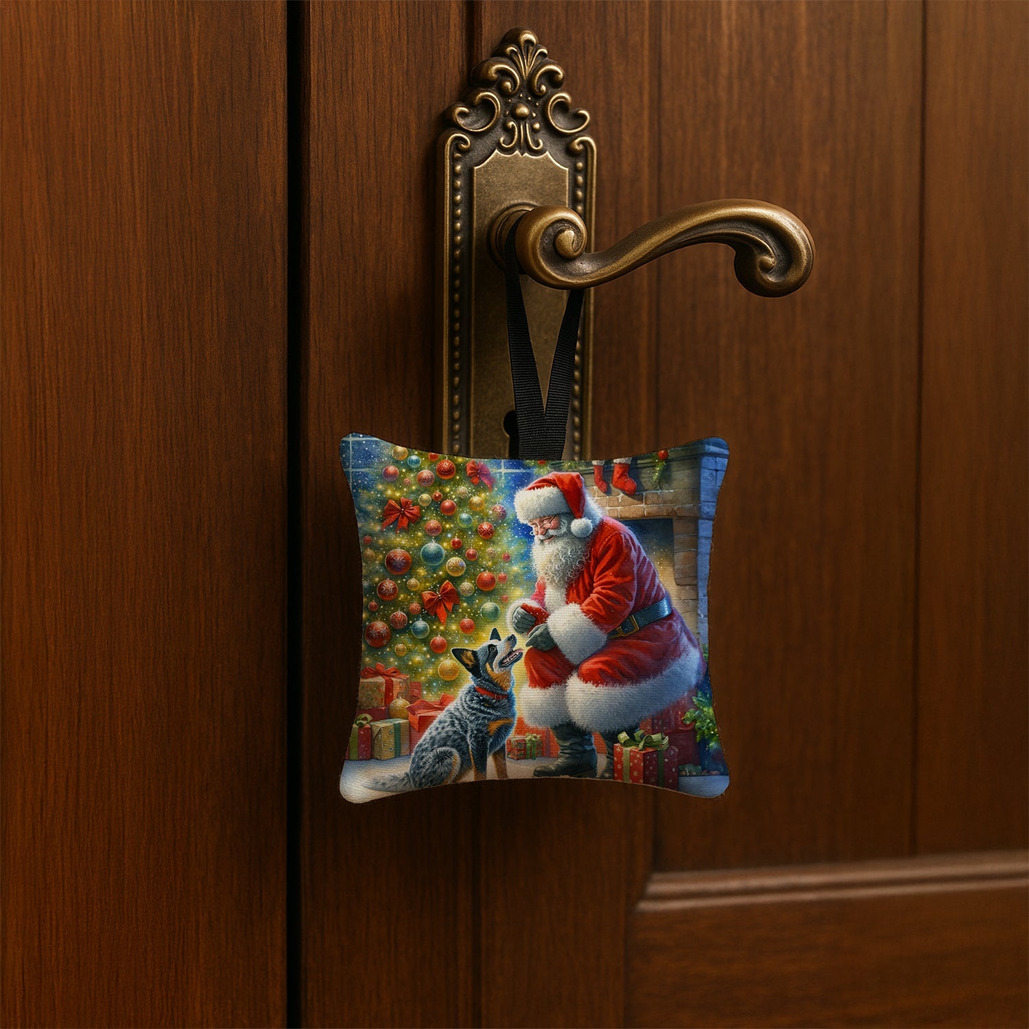 Australian Cattle Dog and Santa Claus Hanging Square Fabric Ornament 3.5 × 3.5 Decorative Door-Knob & Tree Hanger, Soft Fabric