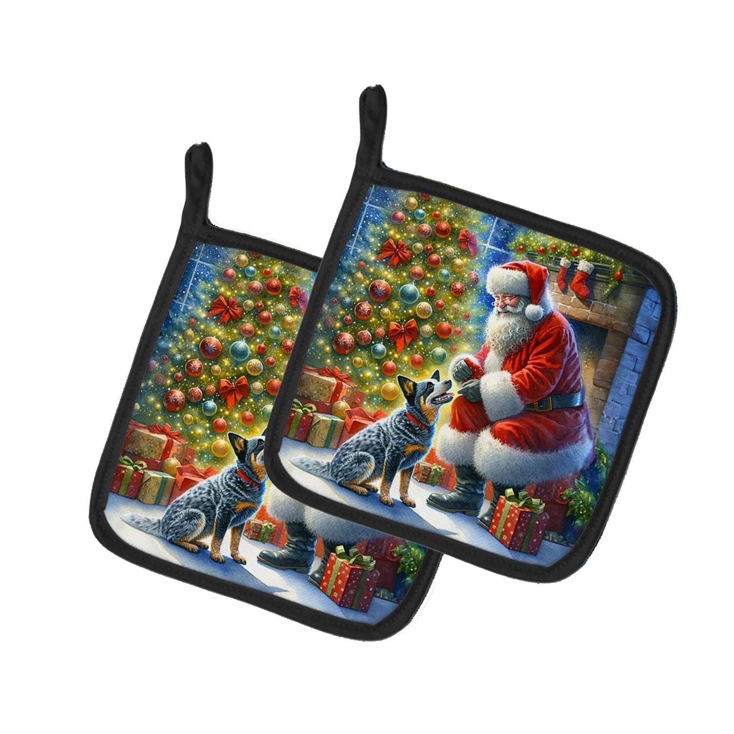 Australian Cattle Dog and Santa Claus Pot Holder Set of 2 Heat Resistant Quilted Hot Pads 7.5 x 7.5 Inch, Insulated Kitchen Trivets for Cooking & Baking