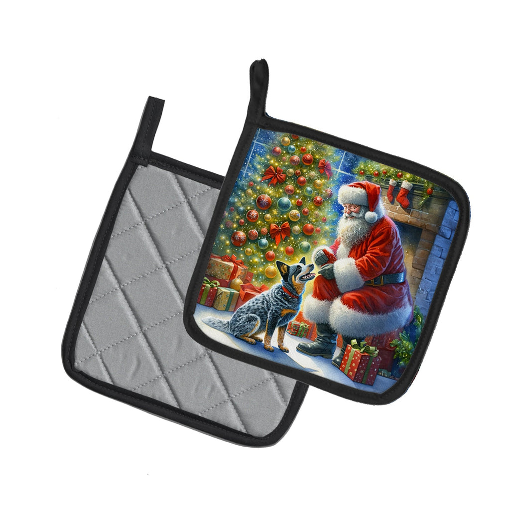 Australian Cattle Dog and Santa Claus Pot Holder Set of 2 Heat Resistant Quilted Hot Pads 7.5 x 7.5 Inch, Insulated Kitchen Trivets for Cooking & Baking