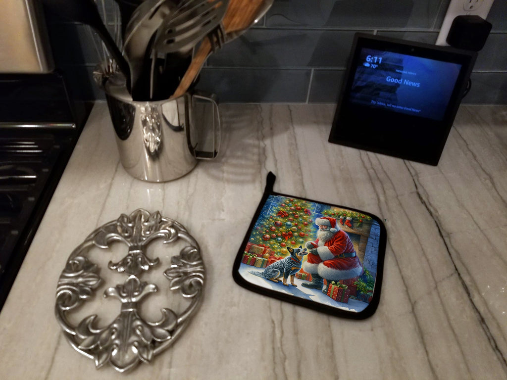 Australian Cattle Dog and Santa Claus Pot Holder Set of 2 Heat Resistant Quilted Hot Pads 7.5 x 7.5 Inch, Insulated Kitchen Trivets for Cooking & Baking