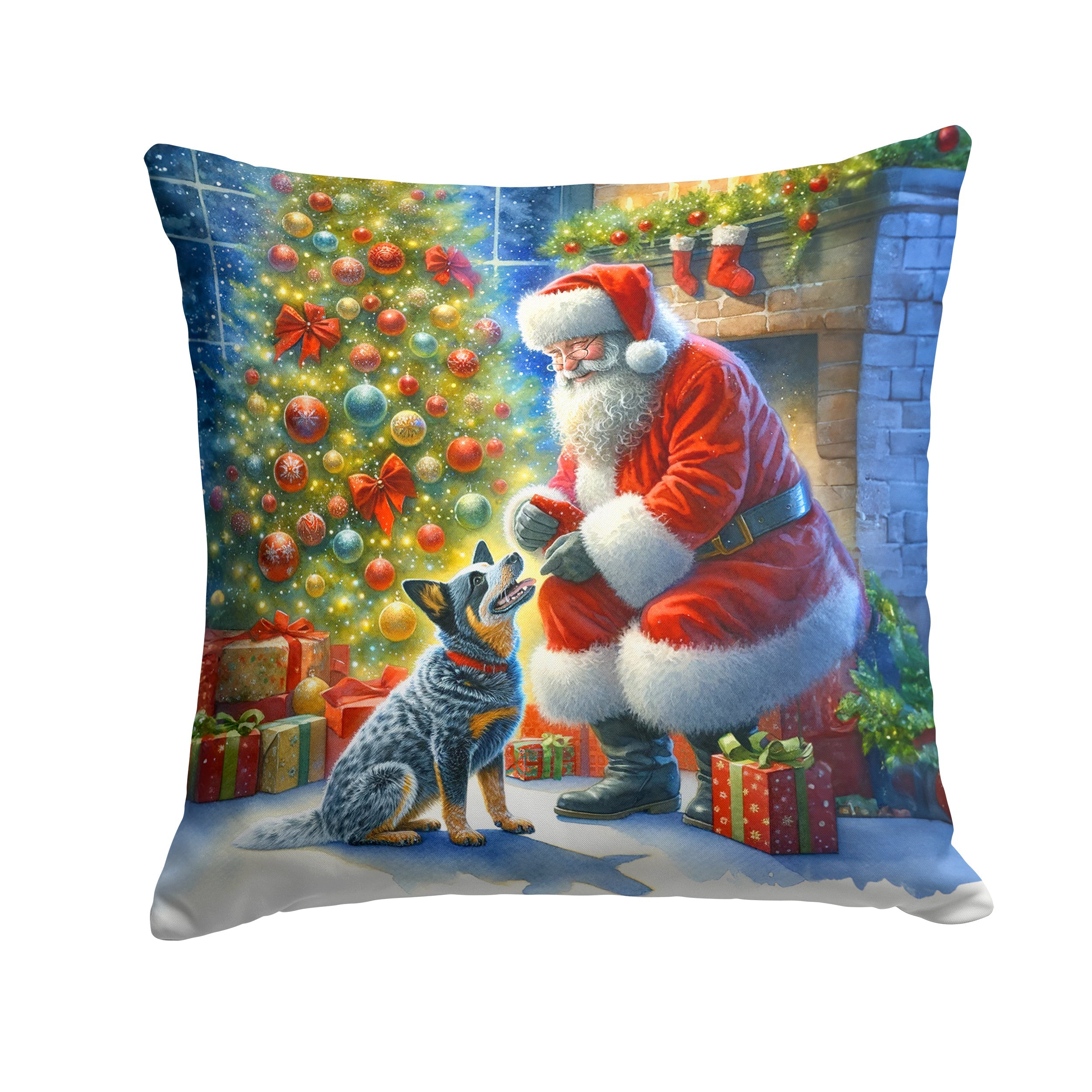 Australian Cattle Dog and Santa Claus Decorative Throw Pillow 14x14 Indoor Outdoor Accent Cushion, Fabric Cover with Insert for Sofa, Bed, Porch & Living Room