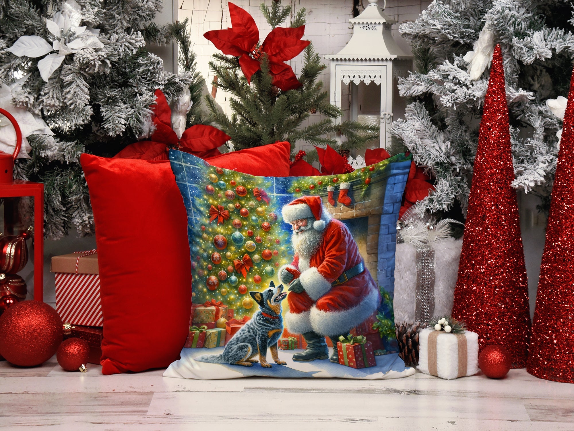 Australian Cattle Dog and Santa Claus Decorative Throw Pillow 14x14 Indoor Outdoor Accent Cushion, Fabric Cover with Insert for Sofa, Bed, Porch & Living Room