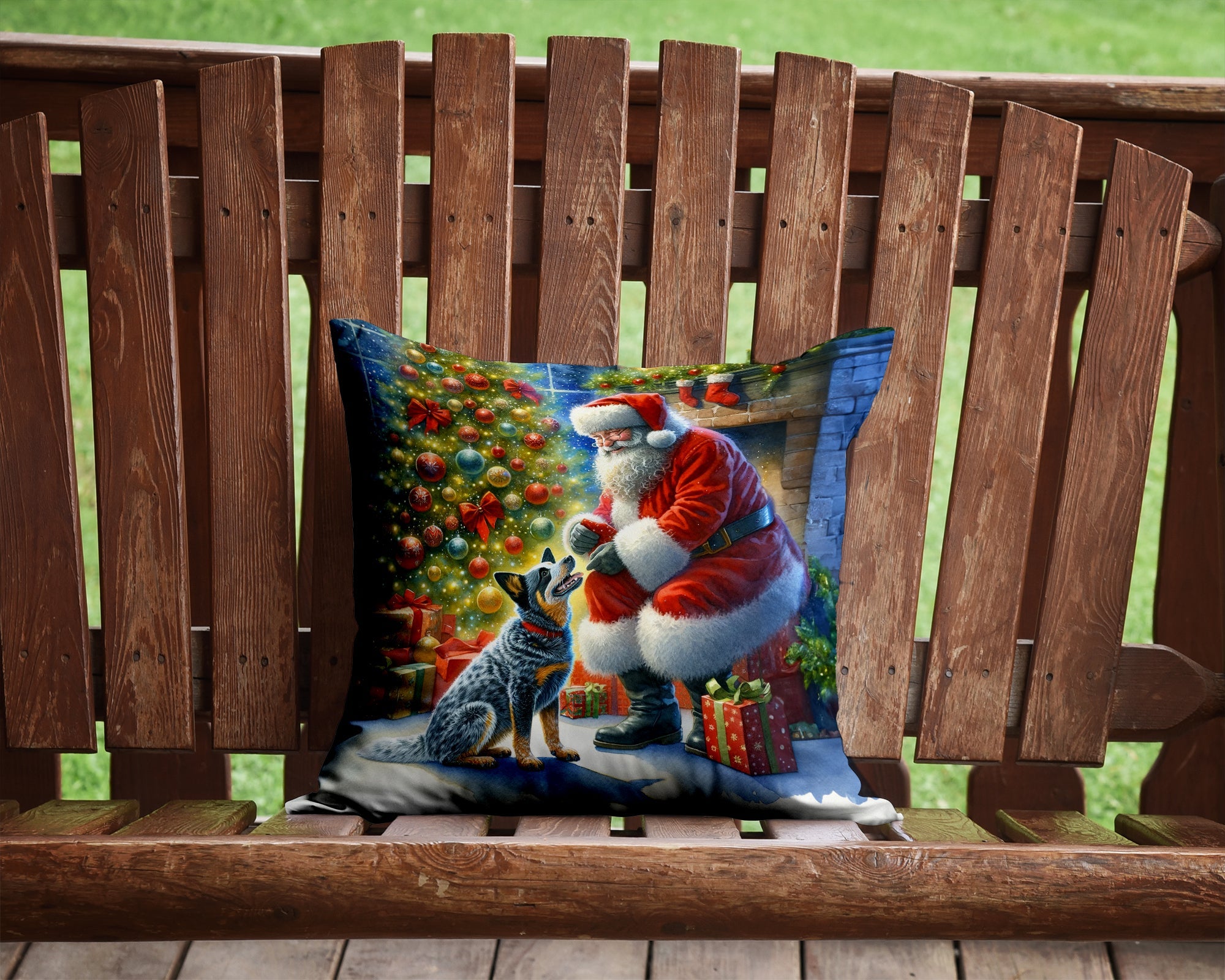 Australian Cattle Dog and Santa Claus Decorative Throw Pillow 14x14 Indoor Outdoor Accent Cushion, Fabric Cover with Insert for Sofa, Bed, Porch & Living Room