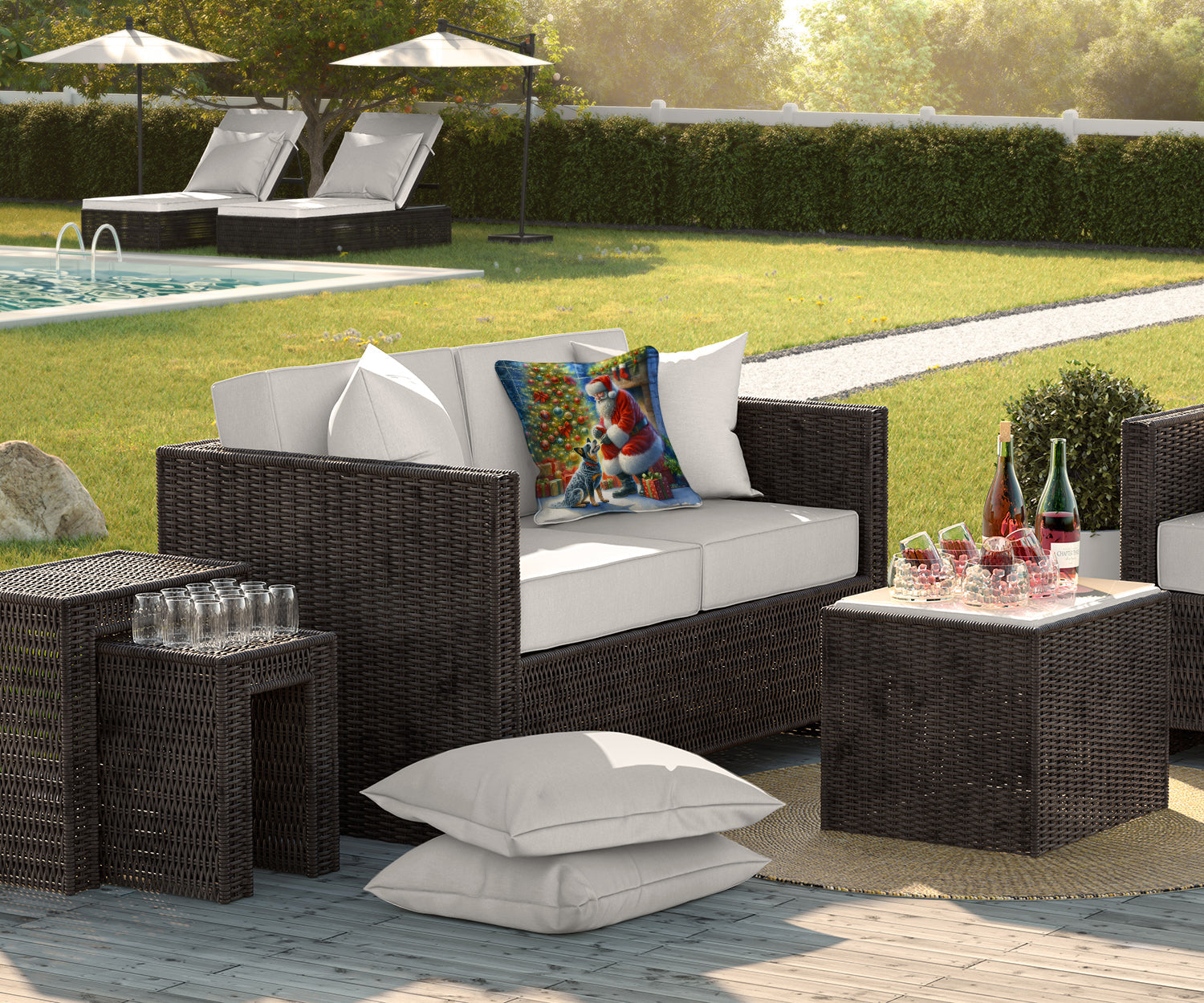 Australian Cattle Dog and Santa Claus Decorative Throw Pillow 18x18 Indoor Outdoor Accent Cushion, Fabric Cover with Insert for Sofa, Bed, Porch & Living Room