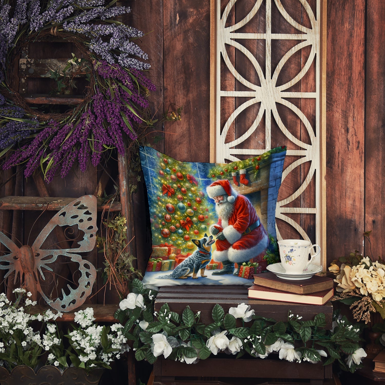 Australian Cattle Dog and Santa Claus Decorative Throw Pillow 18x18 Indoor Outdoor Accent Cushion, Fabric Cover with Insert for Sofa, Bed, Porch & Living Room