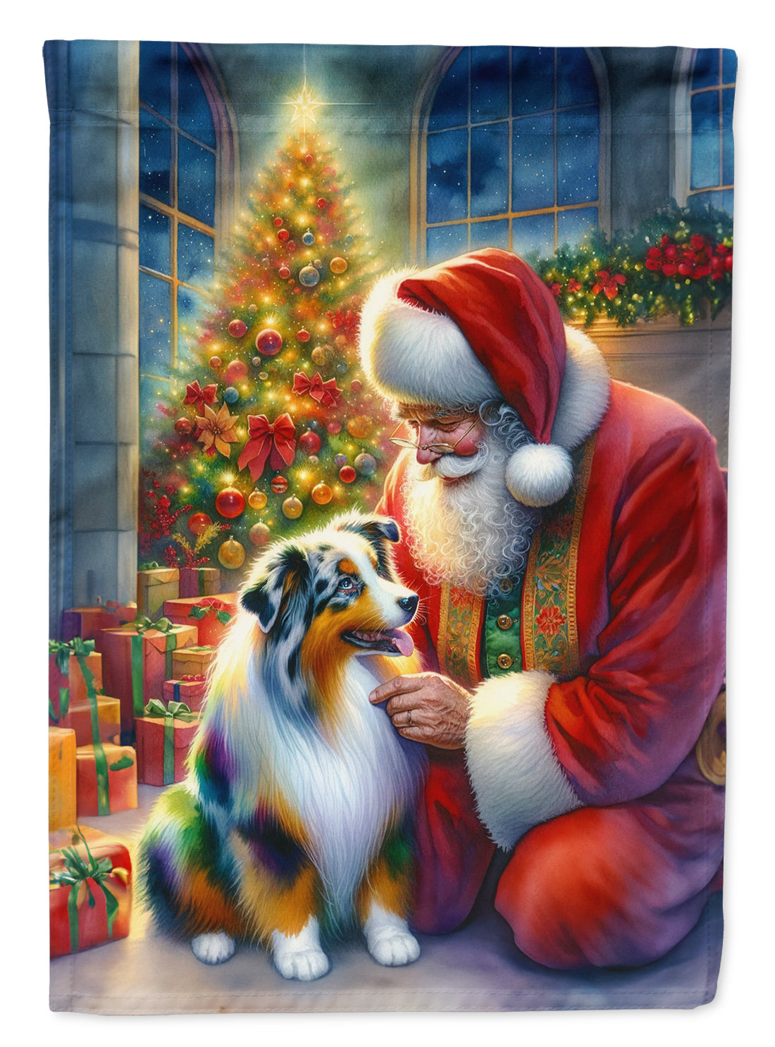 Australian Shepherd and Santa Claus House Flag 28x40 Porch Sleeve Pole Decorative Outside Yard Banner Artwork Wall Hanging, Polyester