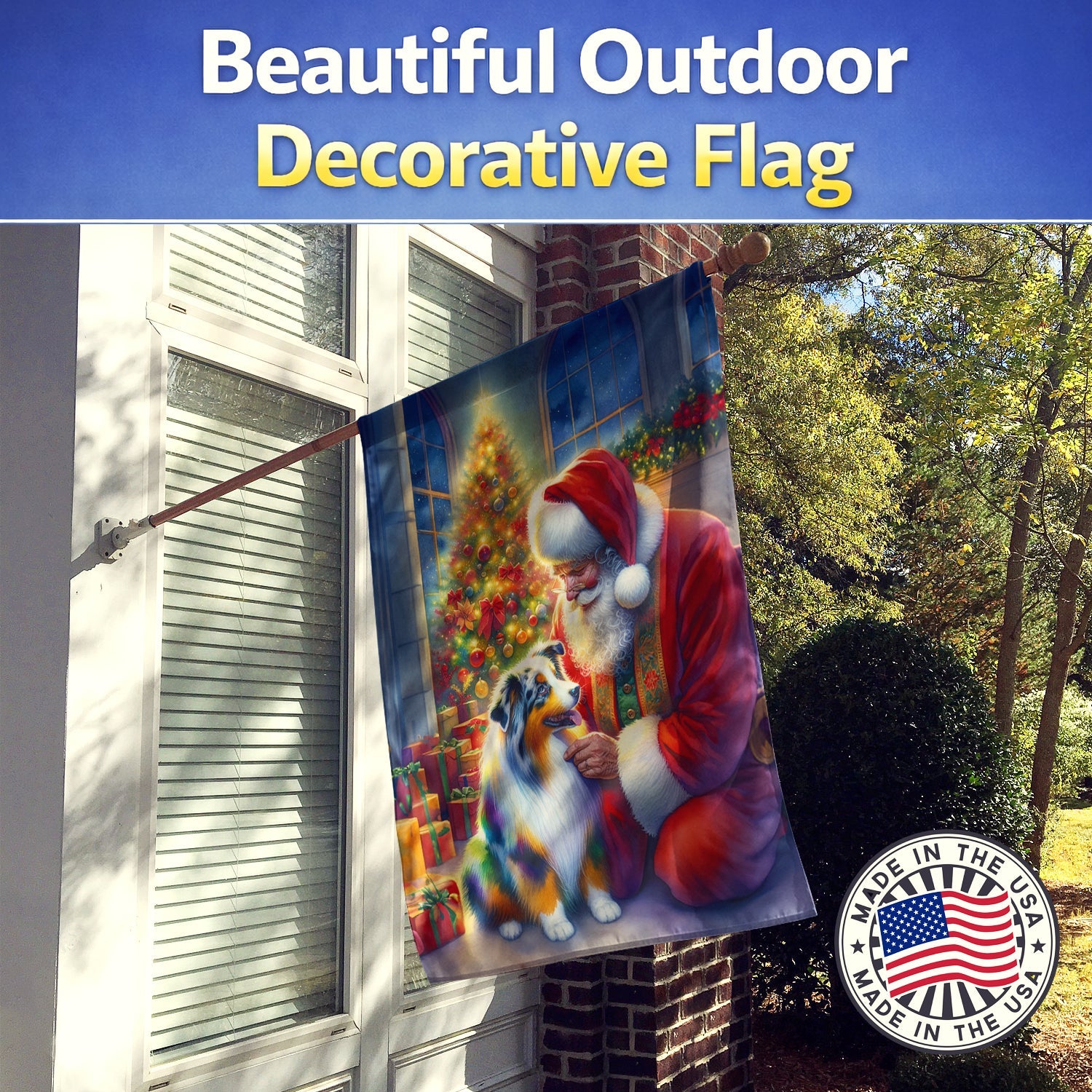 Australian Shepherd and Santa Claus House Flag 28x40 Porch Sleeve Pole Decorative Outside Yard Banner Artwork Wall Hanging, Polyester