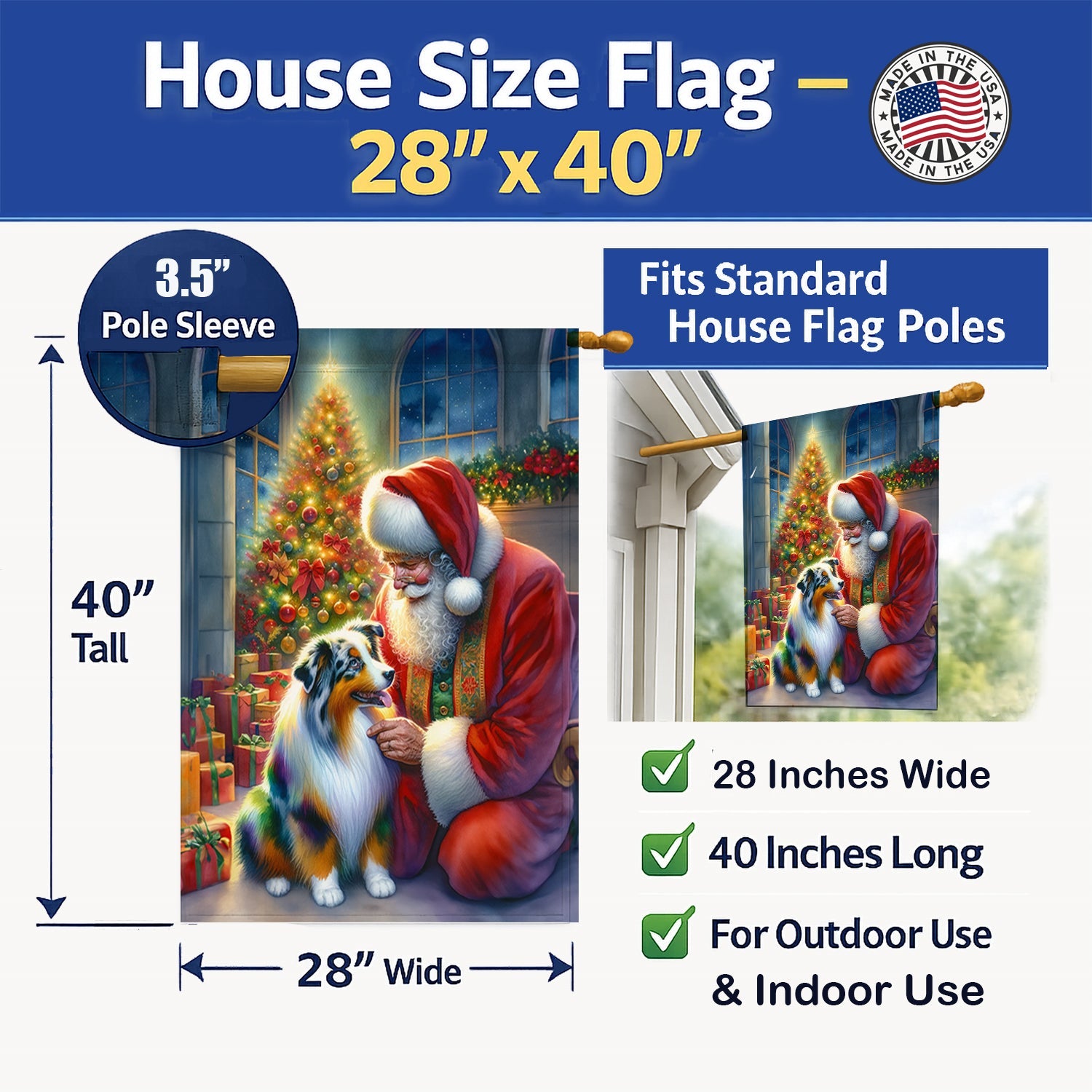 Australian Shepherd and Santa Claus House Flag 28x40 Porch Sleeve Pole Decorative Outside Yard Banner Artwork Wall Hanging, Polyester