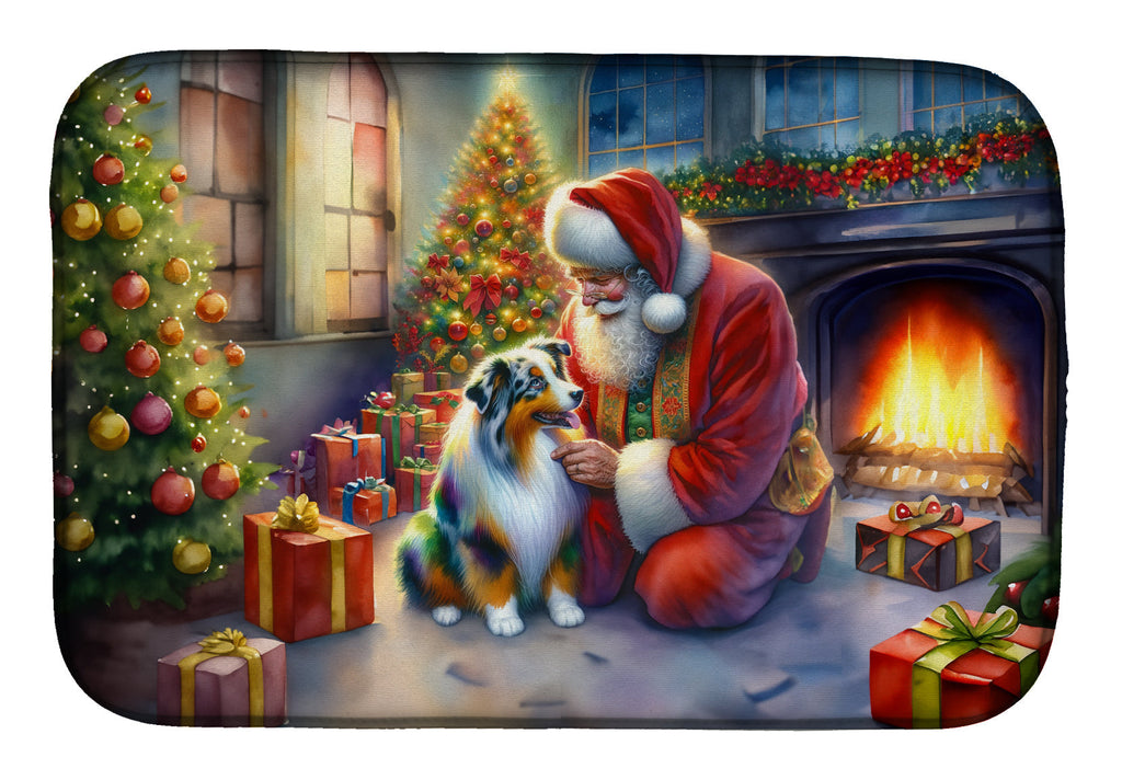 Australian Shepherd and Santa Claus Dish Drying Mat Absorbent Dish Drying Mat Pad for Kitchen Counter Dish Drainer Mat for Countertop, 14 x 21", Multicolor