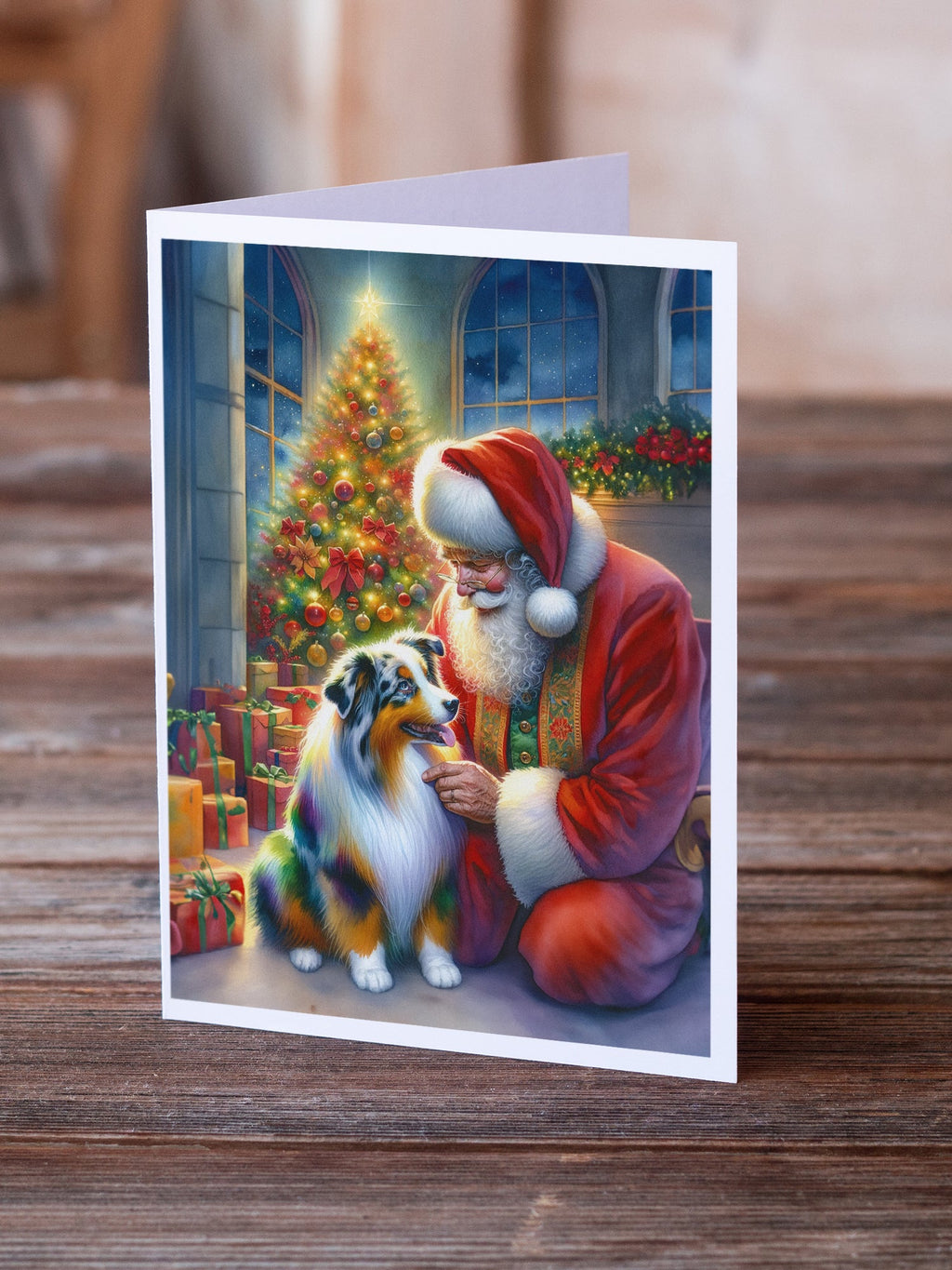 Australian Shepherd and Santa Claus Greeting Cards Pack of 8 Blank Cards with Envelopes Whimsical A7 Size 5x7